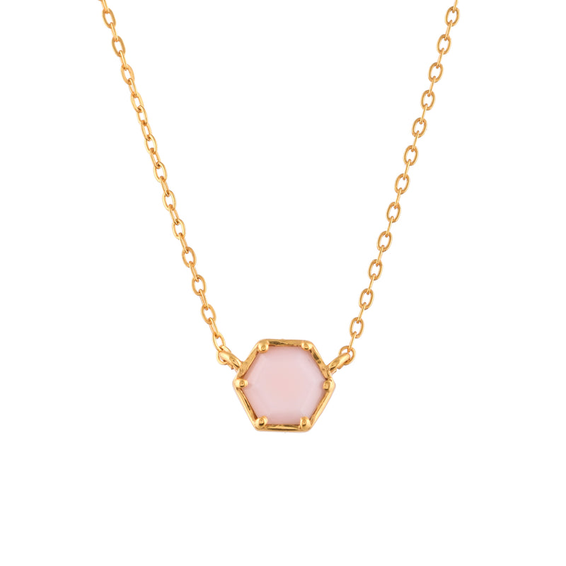 Geo Glam Hexagon Pink Opal Pendant Necklace Gold