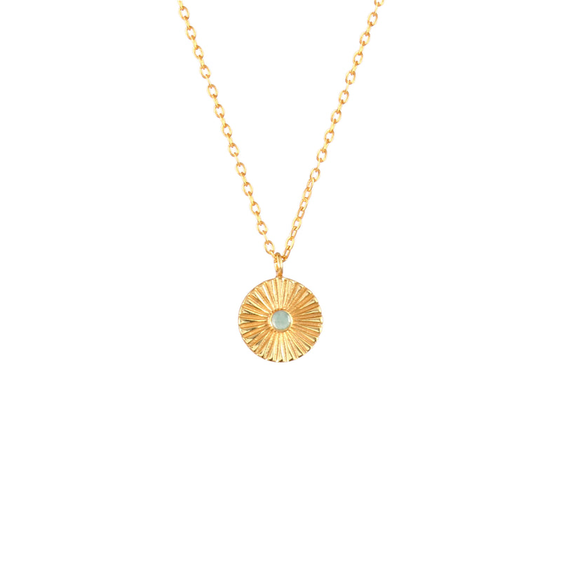Delicate Vintage Aqua Chalcedony Fluted Medallion Coin Necklace Gold