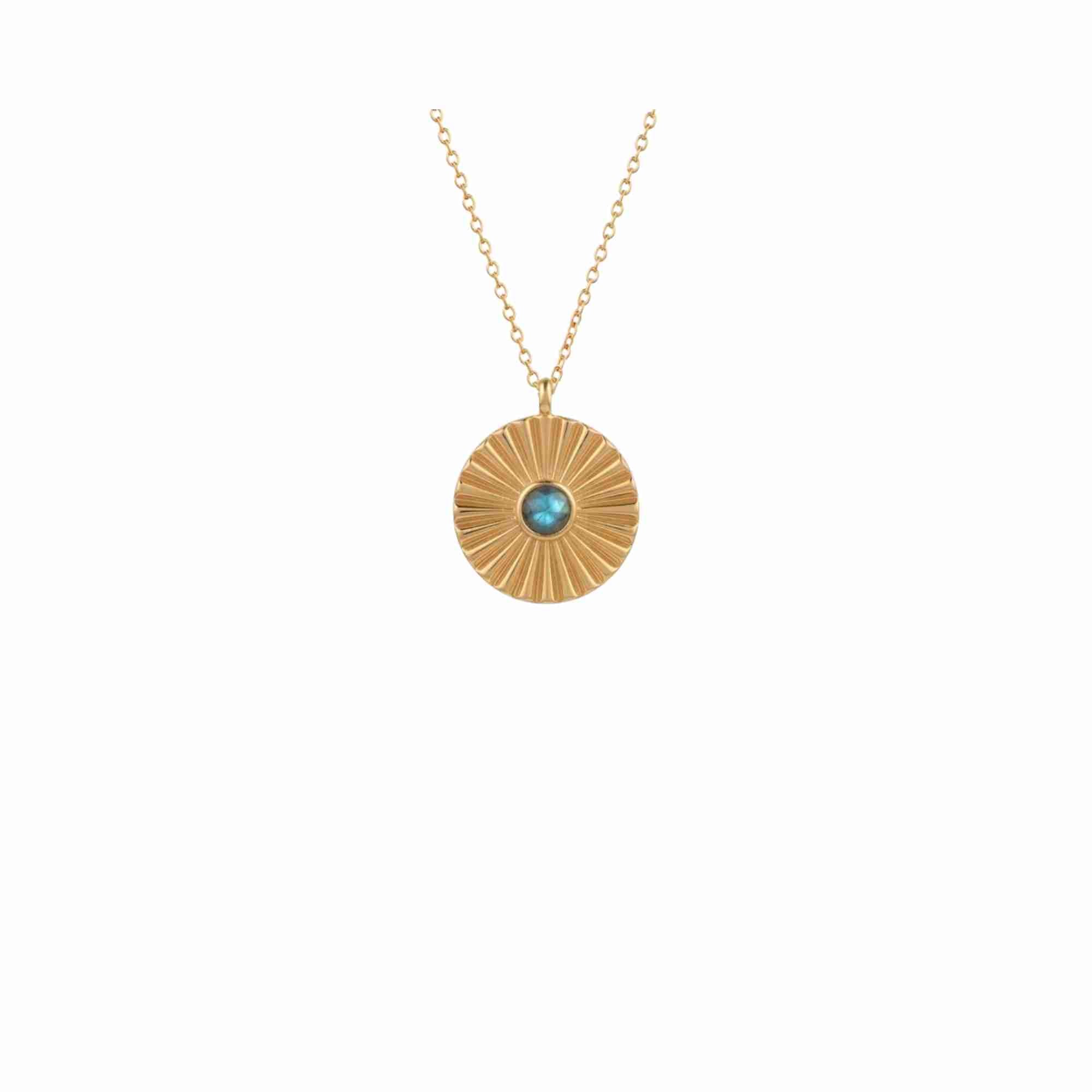 Collier Pendentif Pièce Médaillon Cannelé en Labradorite Vintage Délicat Doré