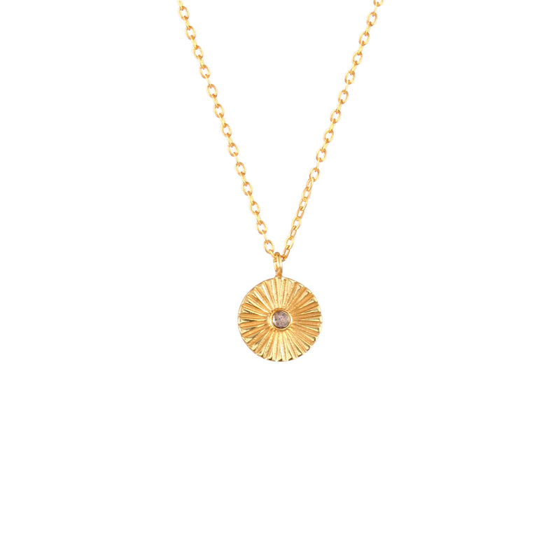 Delicate Vintage Labradorite Fluted Medallion Coin Necklace Gold