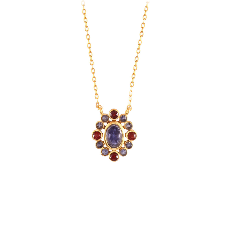 Delicate Vintage Iolite & Garnet Cosmos Pendant Necklace in Gold