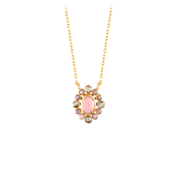 Delicate Vintage Pink Opal & Blue Topaz Cosmos Pendant Necklace in Gold