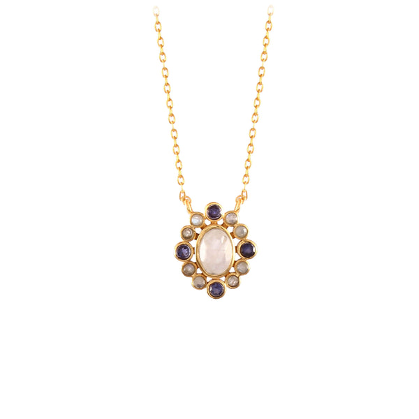 Kaleidoscope Rainbow Moonstone & Iolite Cosmos Pendant Necklace in Gold