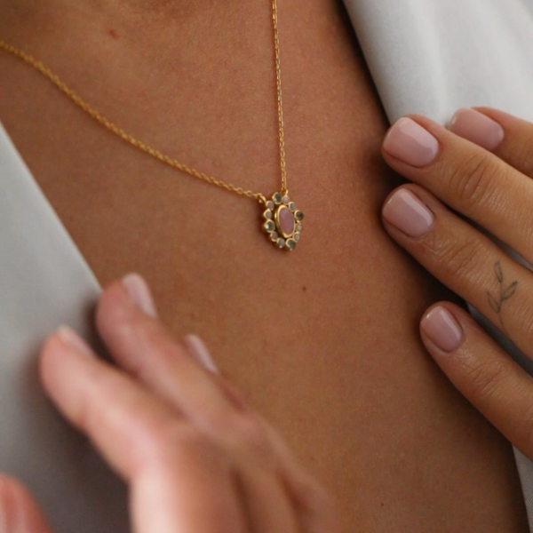 Delicate Vintage Pink Opal & Blue Topaz Cosmos Pendant Necklace in Gold