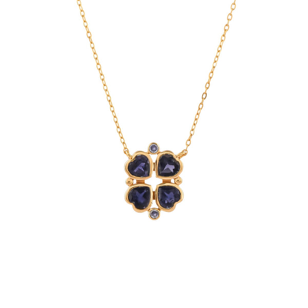 Queen of Hearts Iolite Lucky Clover Pendant Necklace Gold