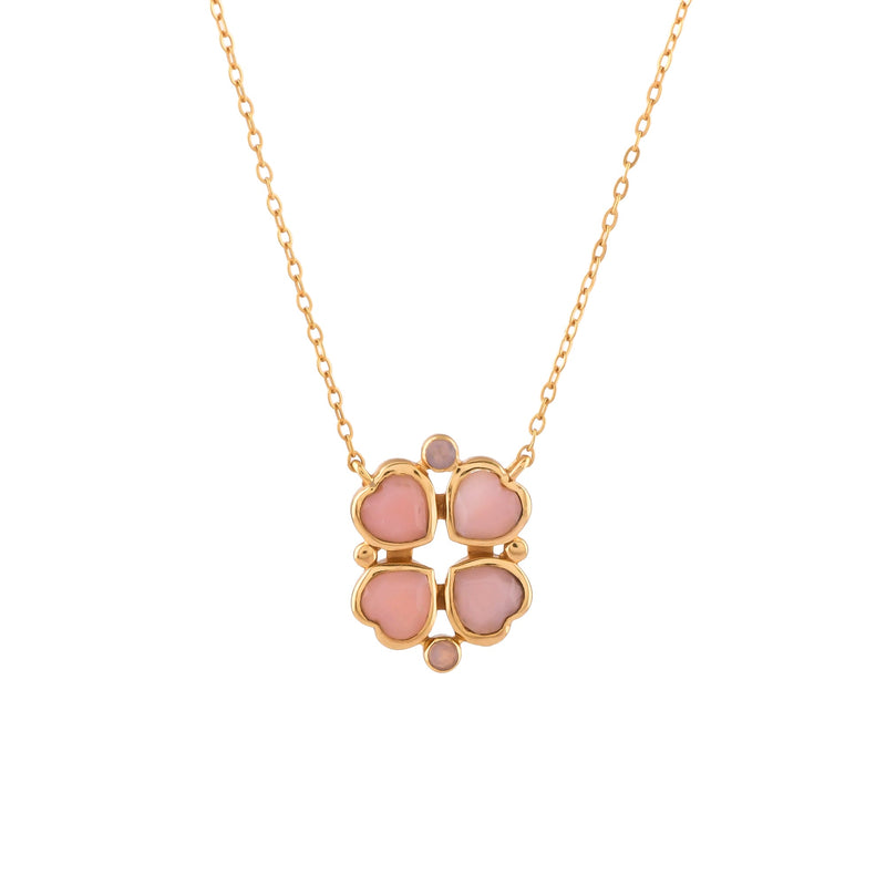 Queen of Hearts Pink Opal Lucky Clover Pendant Necklace Gold