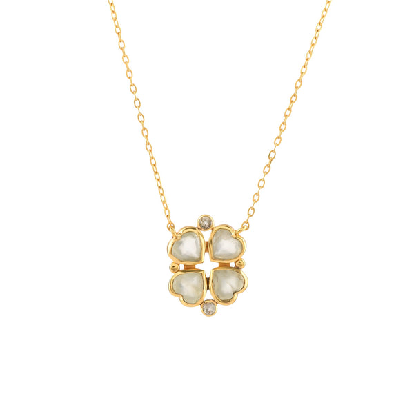 Queen of Hearts Prehnite Lucky Clover Pendant Necklace Gold