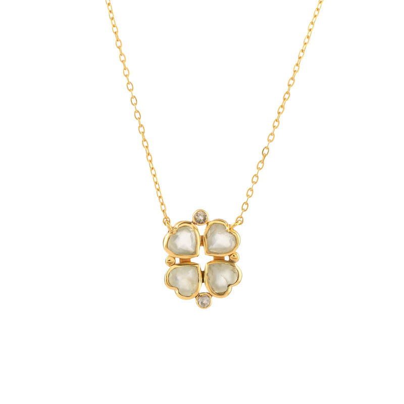 Queen of Hearts Prehnite Lucky Clover Pendant Necklace Gold
