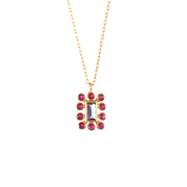 Kaleidoscope Emerald Cut Iolite and Ruby Jade Drop Pendant Necklace Gold