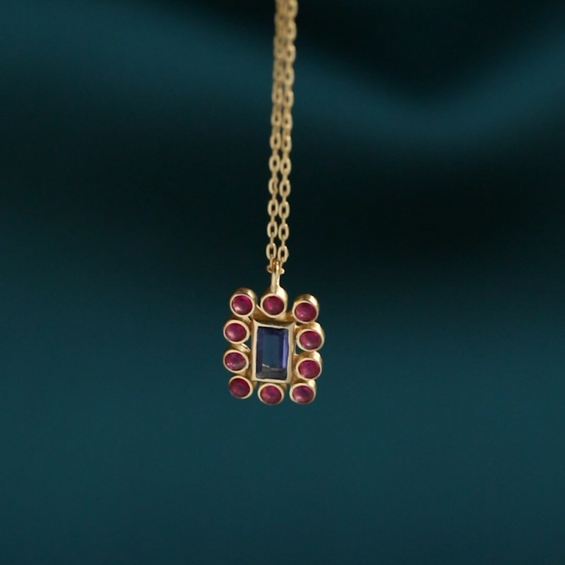 Kaleidoscope Emerald Cut Iolite and Ruby Jade Drop Pendant Necklace Gold