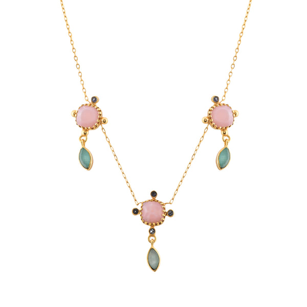 Kaleidoscope Pink Opal, Amazonite & Iolite Triple Drop Statement Necklace in Gold