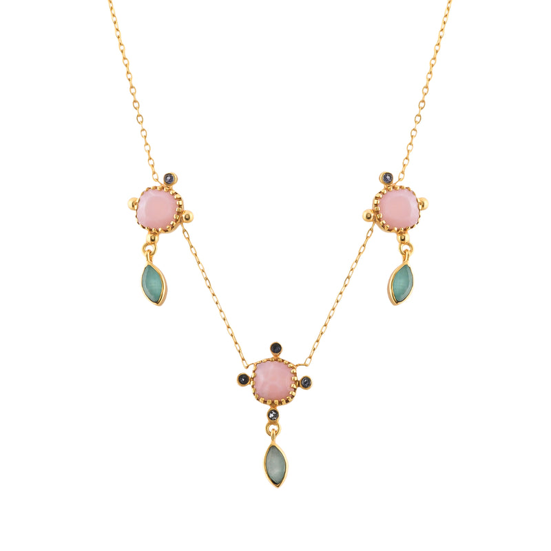 Kaleidoscope Pink Opal, Amazonite & Iolite Triple Drop Statement Necklace in Gold