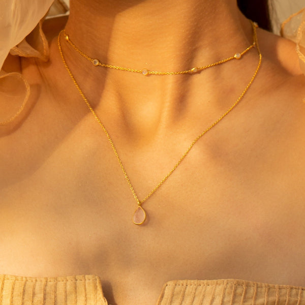 Dew Drops Rose Quartz Teardrop Stone Necklace Gold