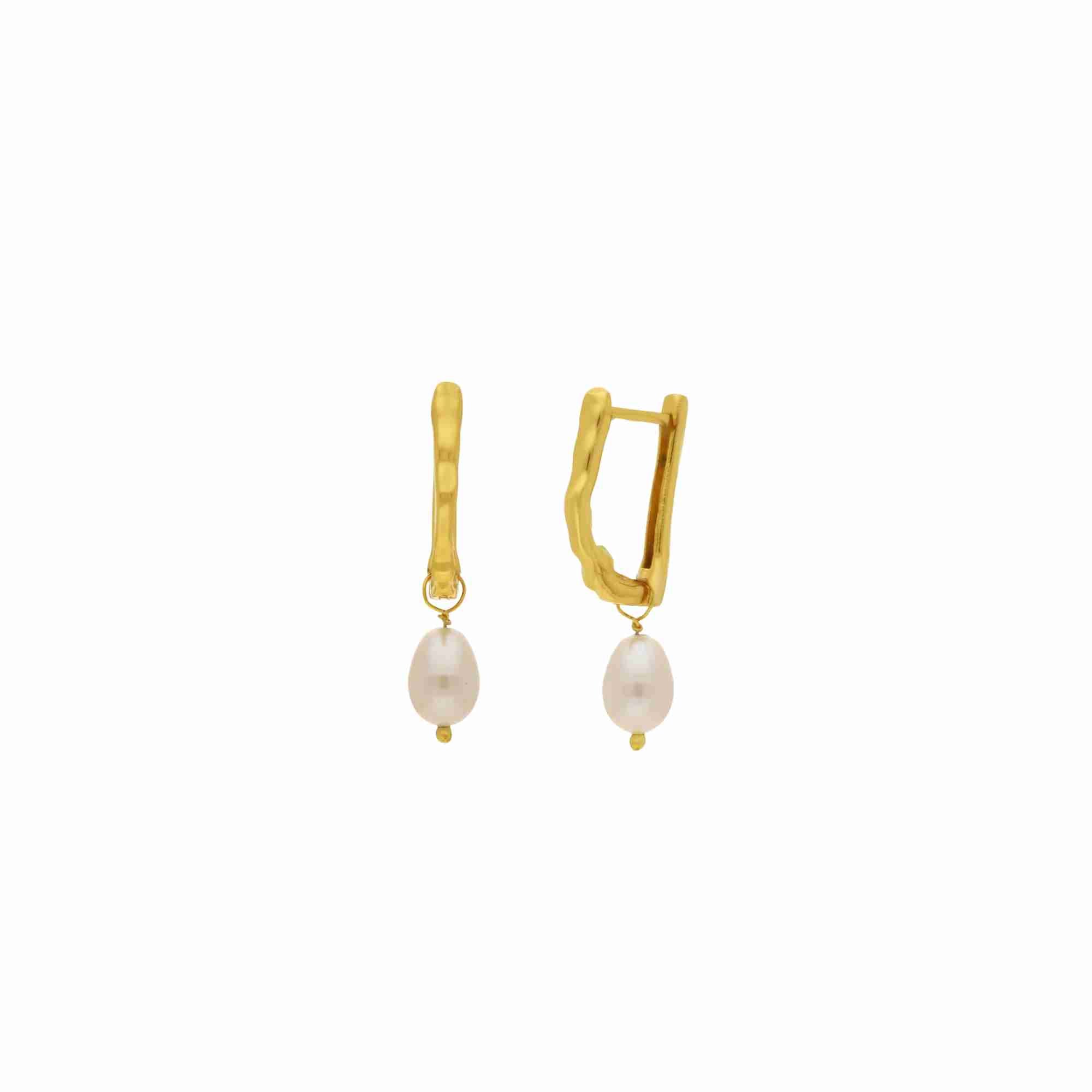 PEARLS GALORE Gold Molten U-Hoops; sculptural gold U-shaped earrings with a textured finish and dangling teardrop pearls in 22K gold vermeil.