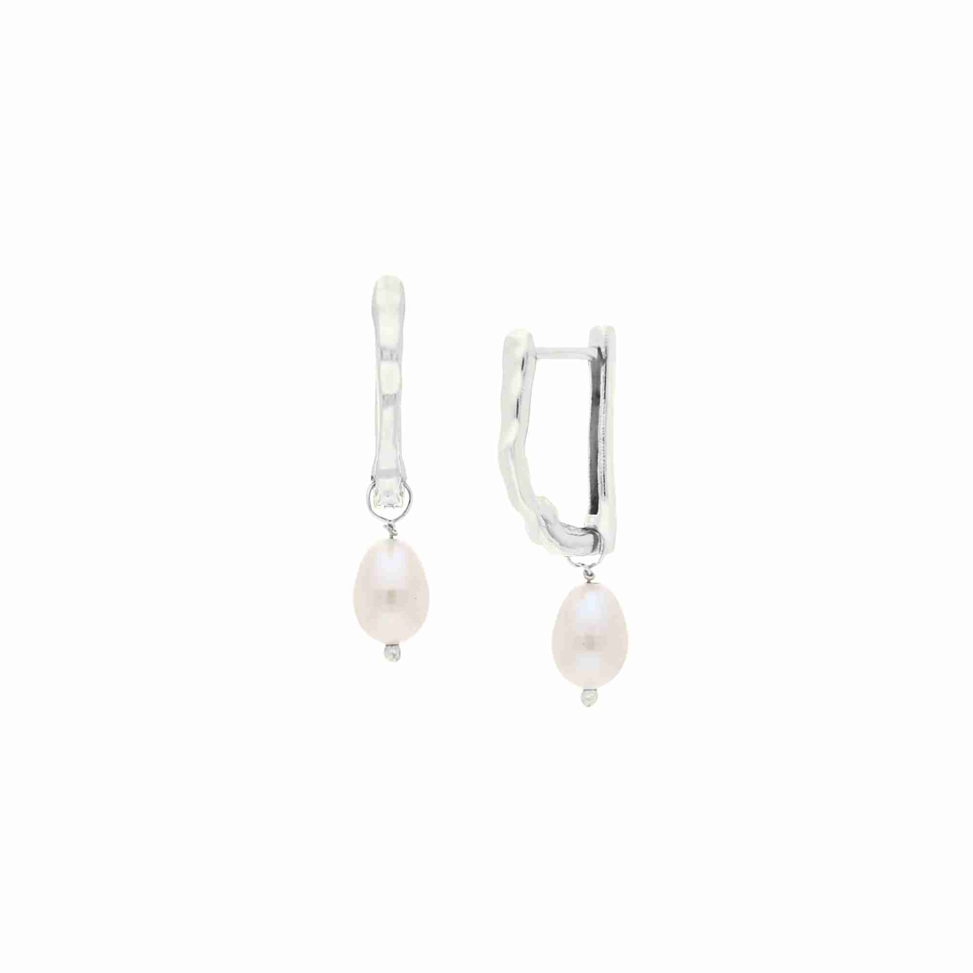PEARLS GALORE Silver Molten U-Hoops; sculptural silver U-shaped earrings with a textured finish and dangling teardrop pearls in 92.5 recycled silver.