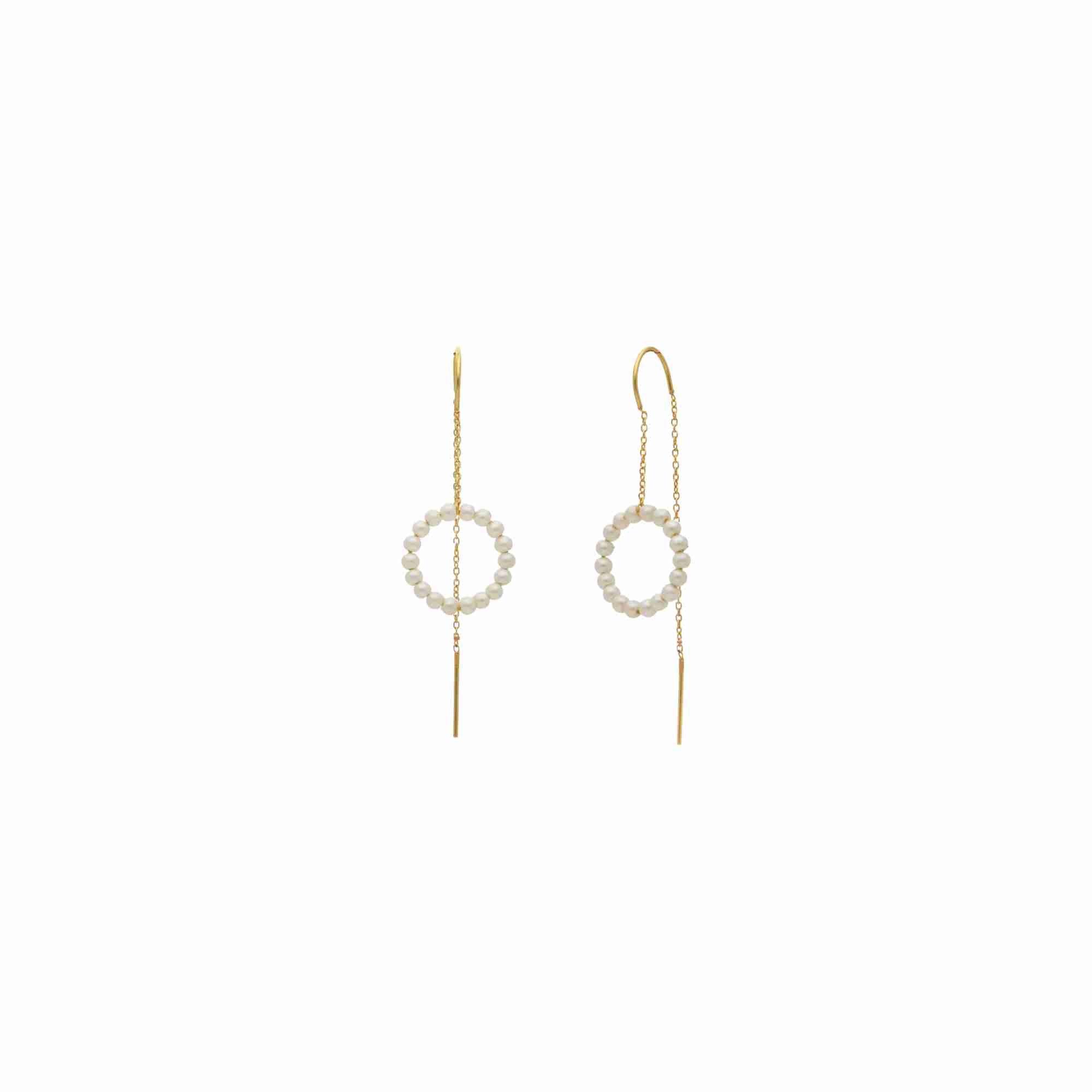 PEARLS GALORE Gold Threader Earrings; seed pearl halo circle on 22K gold vermeil chain with bar drop, handcrafted by Protsaah Zurich.
