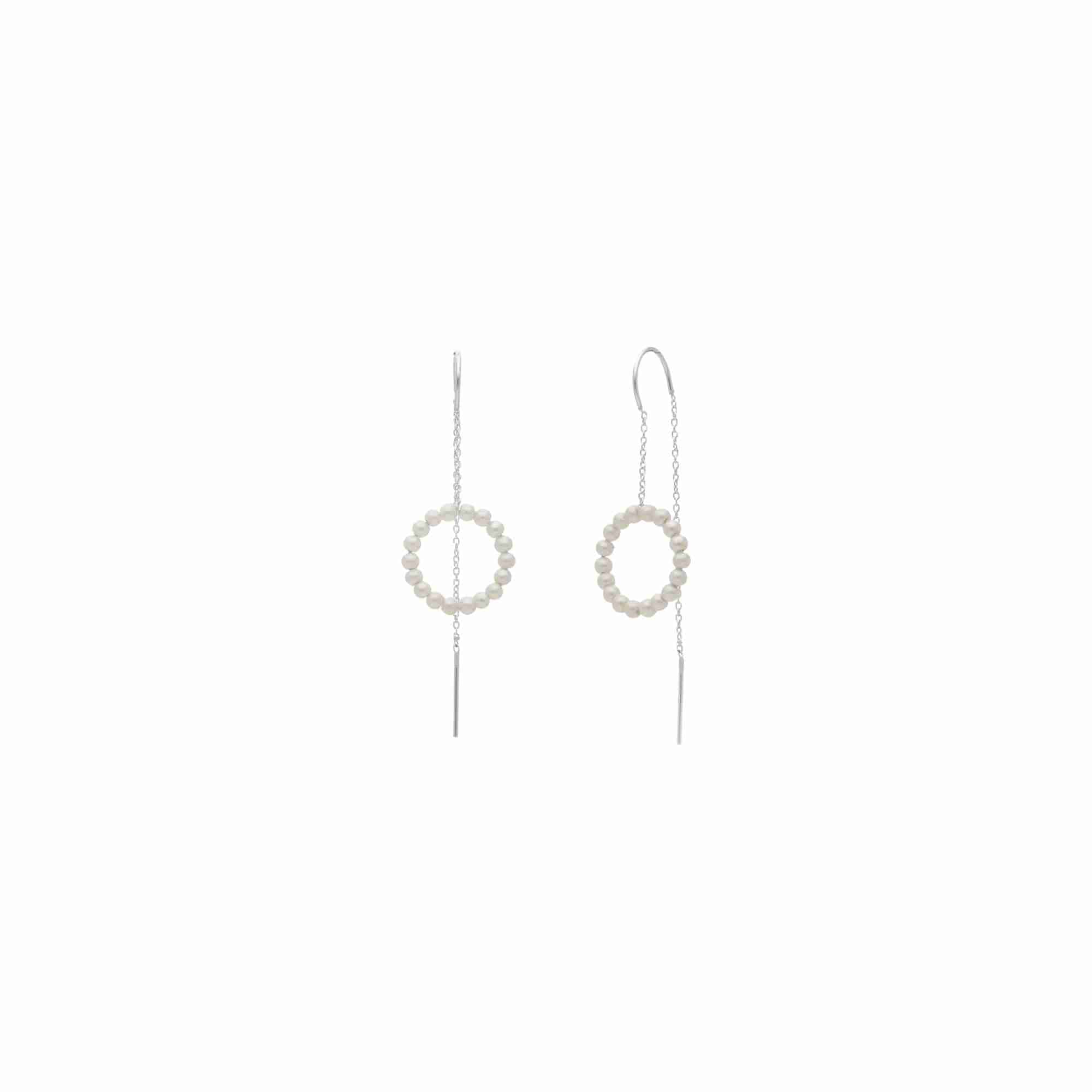 PEARLS GALORE Silver Threader Earrings; seed pearl halo circle on 92.5 recycled silver chain with bar drop, handcrafted by Protsaah Zurich.