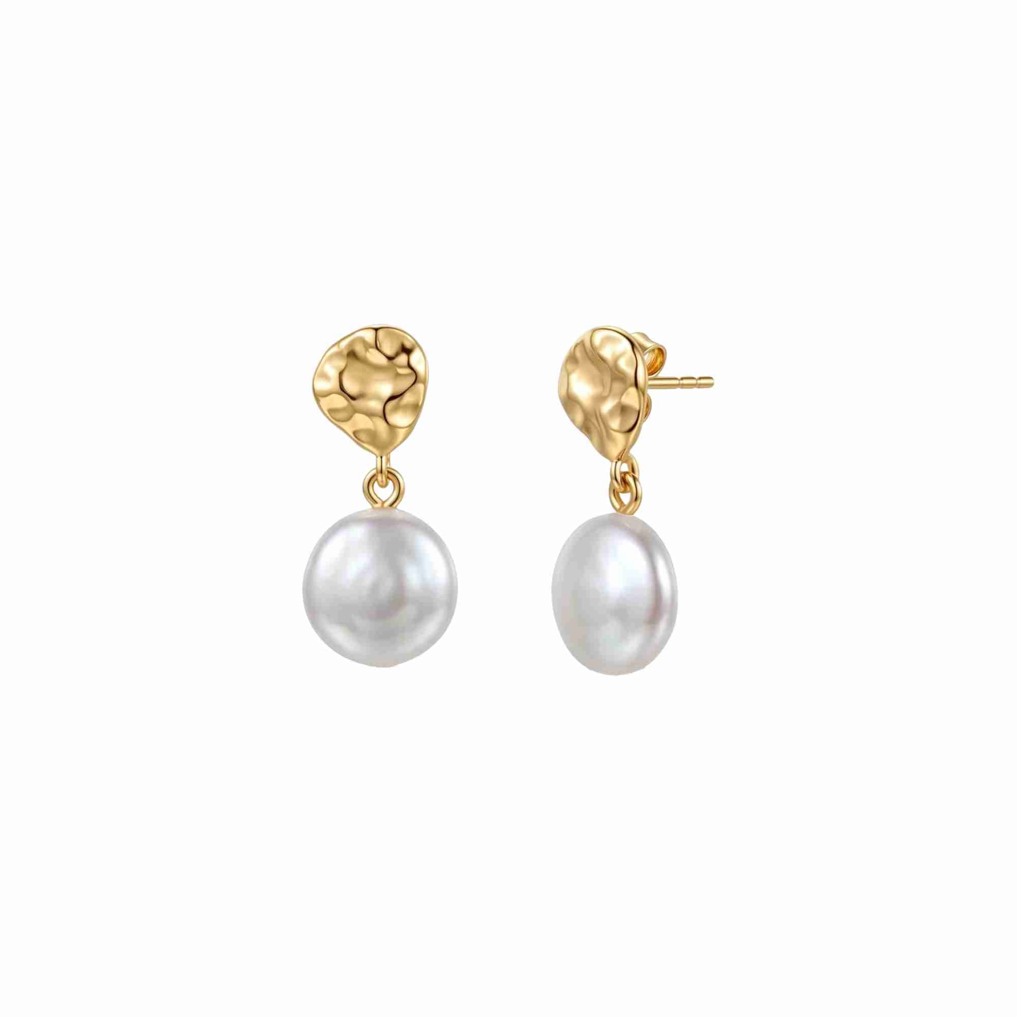 PEARLS GALORE Gold Keshi Pearl Earrings; organic hammered gold teardrop studs with flat iridescent pearls, handcrafted in 22K gold vermeil by Protsaah Zurich.