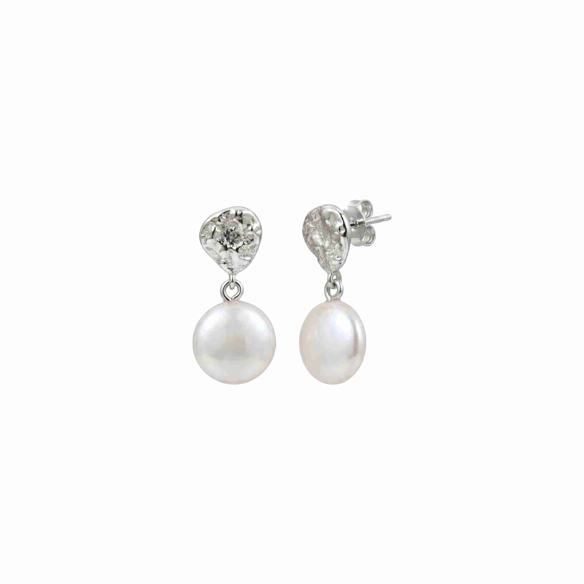 PEARLS GALORE Silver Keshi Pearl Earrings; organic hammered silver teardrop studs with flat iridescent pearls, handcrafted in 92.5 recycled silver by Protsaah Zurich.