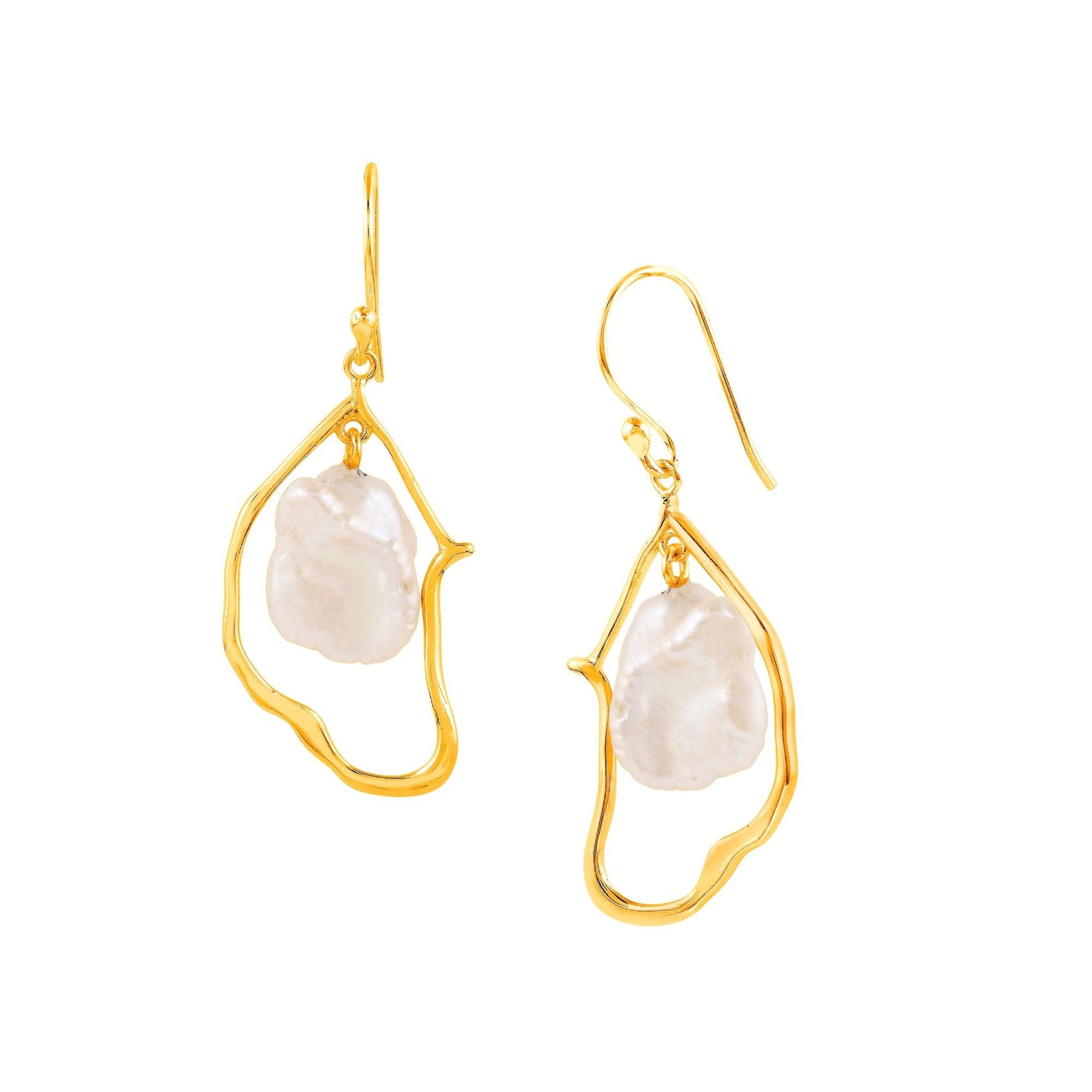 PEARLS GALORE Gold Statement Earrings; large white baroque pearls suspended in organic gold-finished frames, handcrafted in 22K gold vermeil.