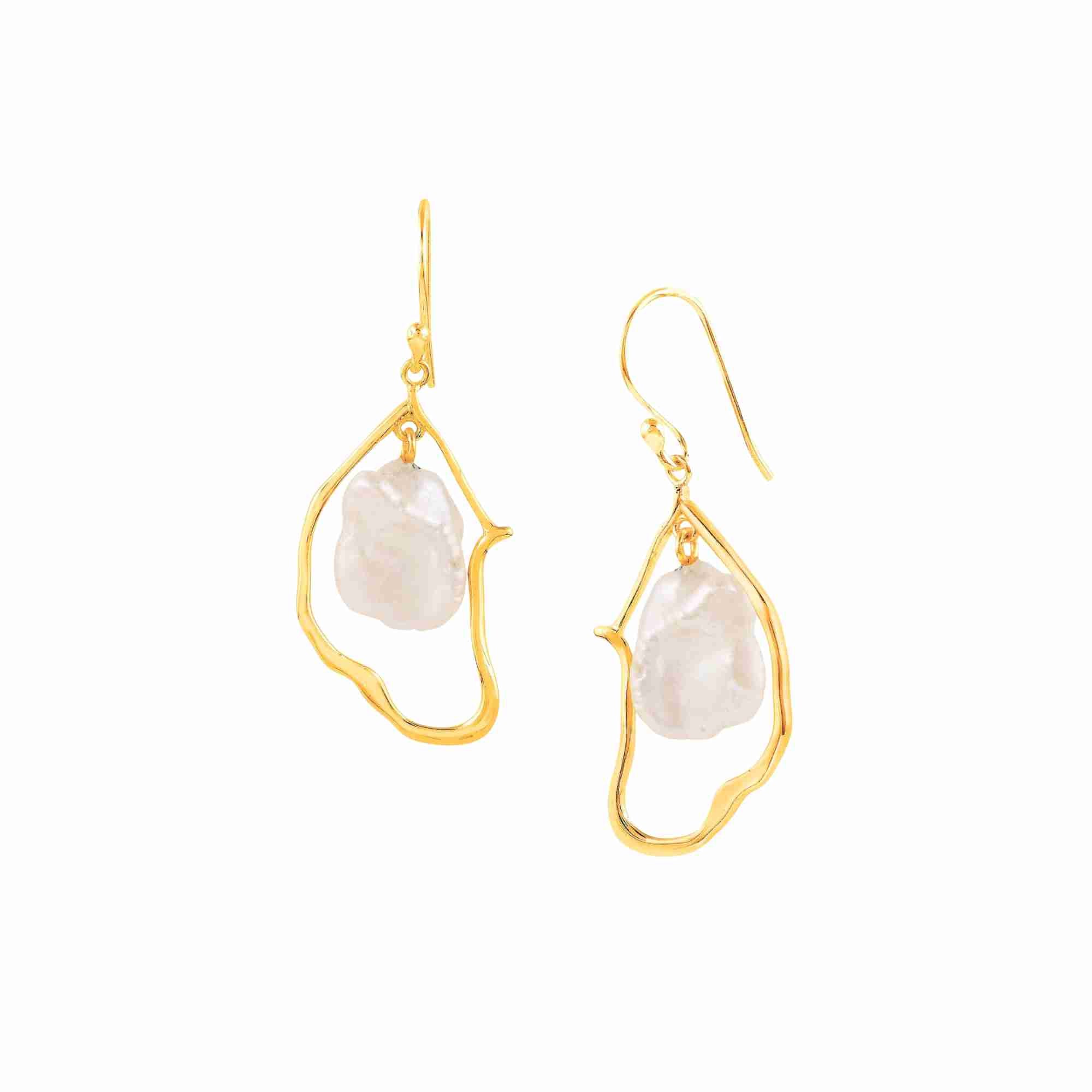 PEARLS GALORE Gold Statement Earrings; large white baroque pearls suspended in organic gold-finished frames, handcrafted in 22K gold plated 925 Silver.
