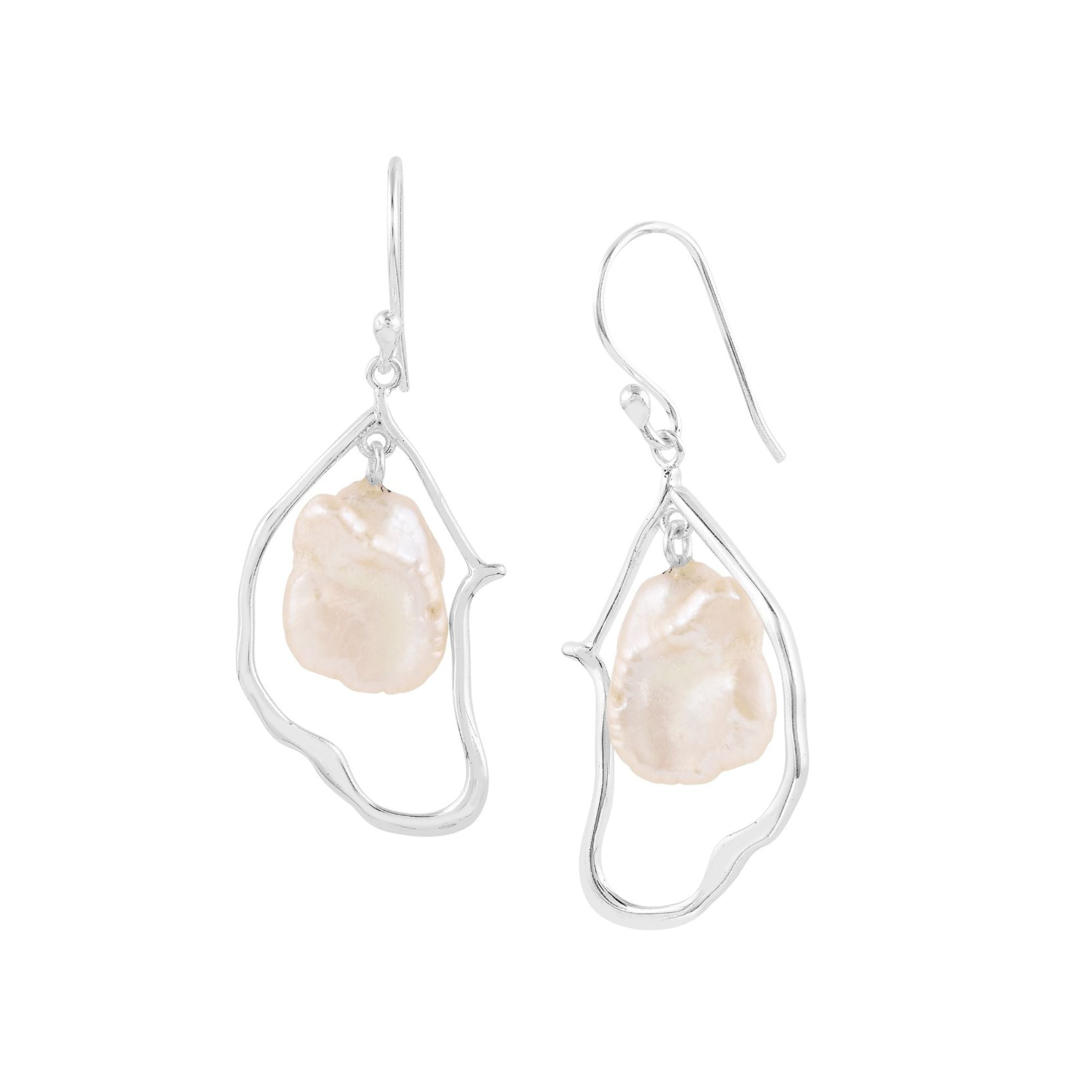 PEARLS GALORE Silver Statement Earrings; large white baroque pearls suspended in organic silver frames, handcrafted in 92.5 recycled silver.