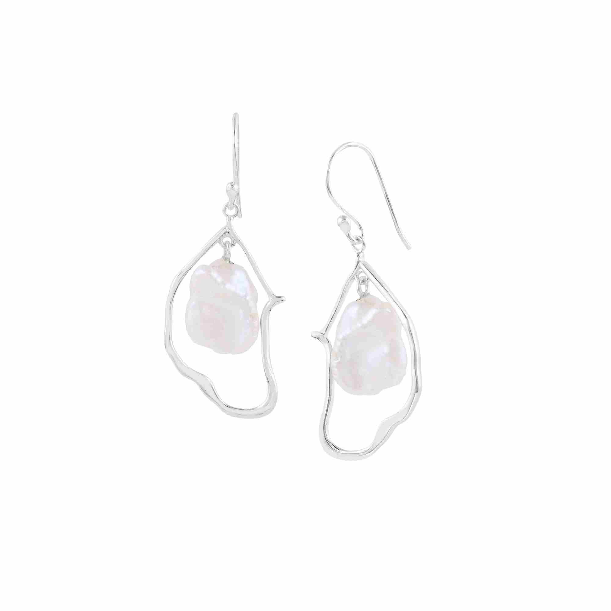 PEARLS GALORE Silver Statement Earrings; large white baroque pearls suspended in organic silver frames, handcrafted in 92.5 recycled silver.