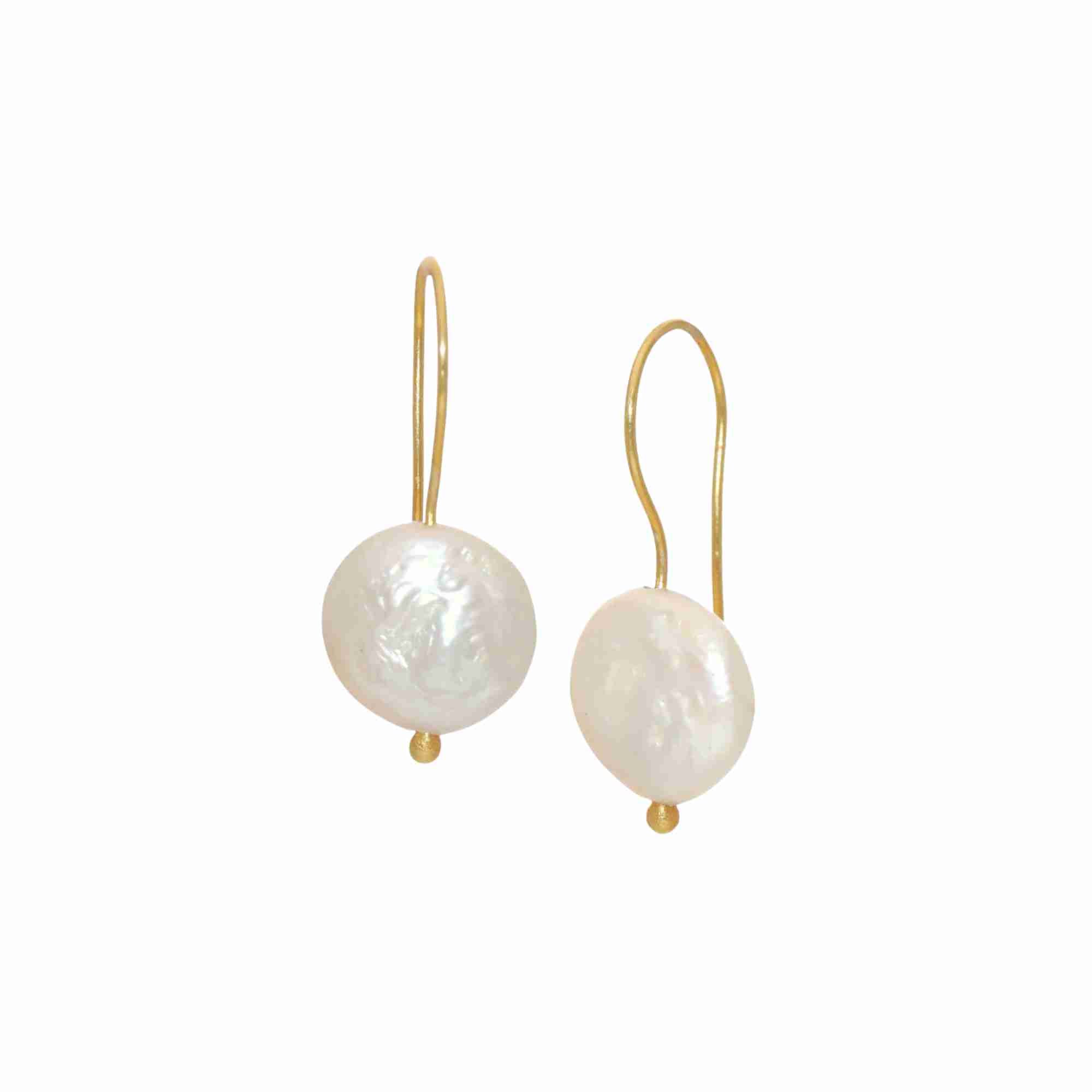 PEARLS GALORE Gold Pearl Earrings; 12mm coin pearls on gold French hooks, total length 26.9mm, handcrafted in 22K gold vermeil.