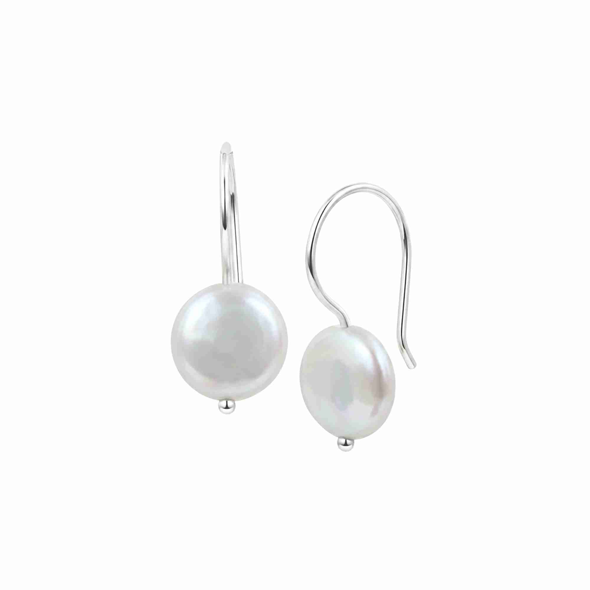 PEARLS GALORE Silver Pearl Earrings; circular white coin pearls on recycled silver French hooks, 26.9mm total drop, handcrafted by Protsaah Zurich.