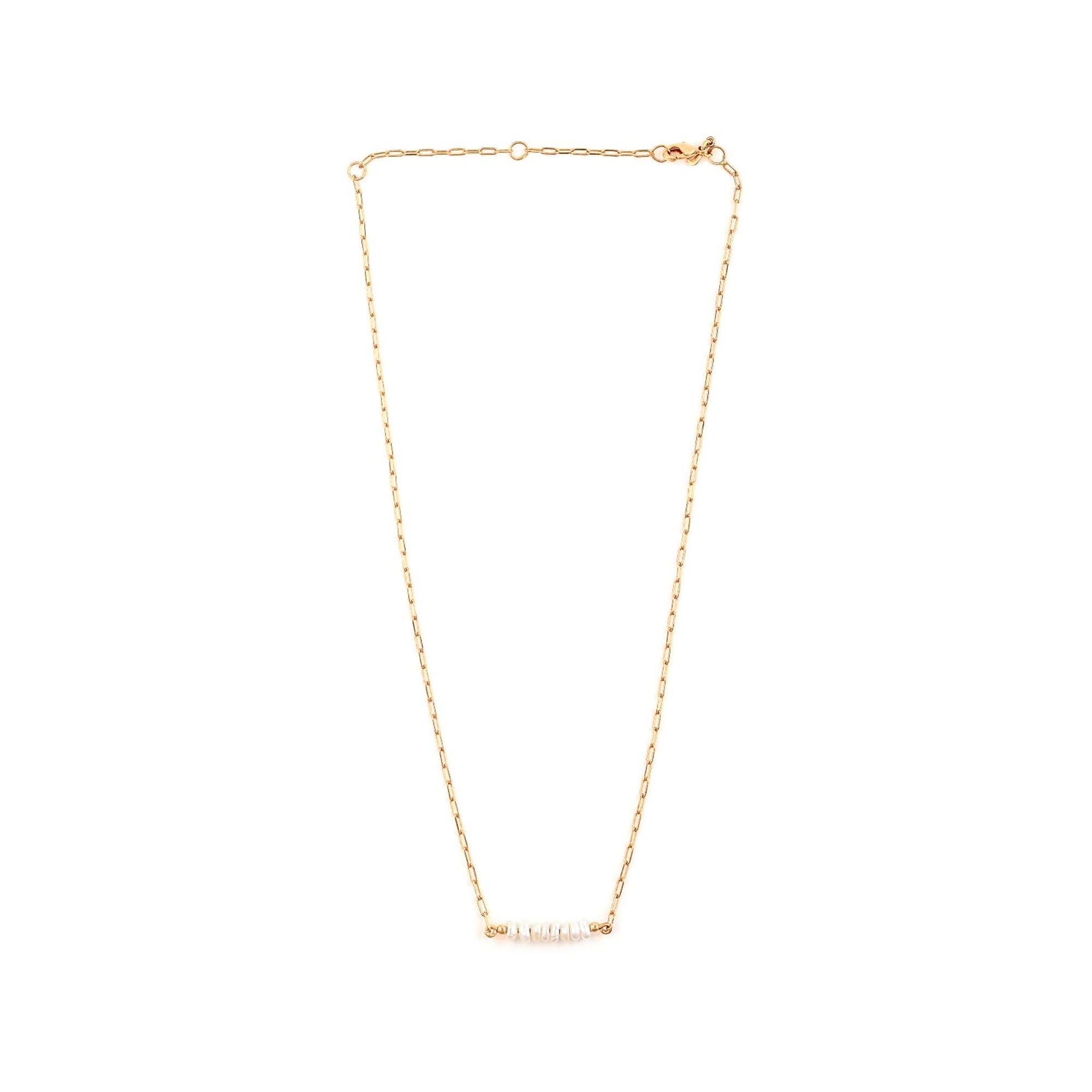 PEARLS GALORE Gold Pearl Necklace; linear bar pendant featuring white seed pearls on a delicate gold chain, handcrafted by Protsaah Zurich.