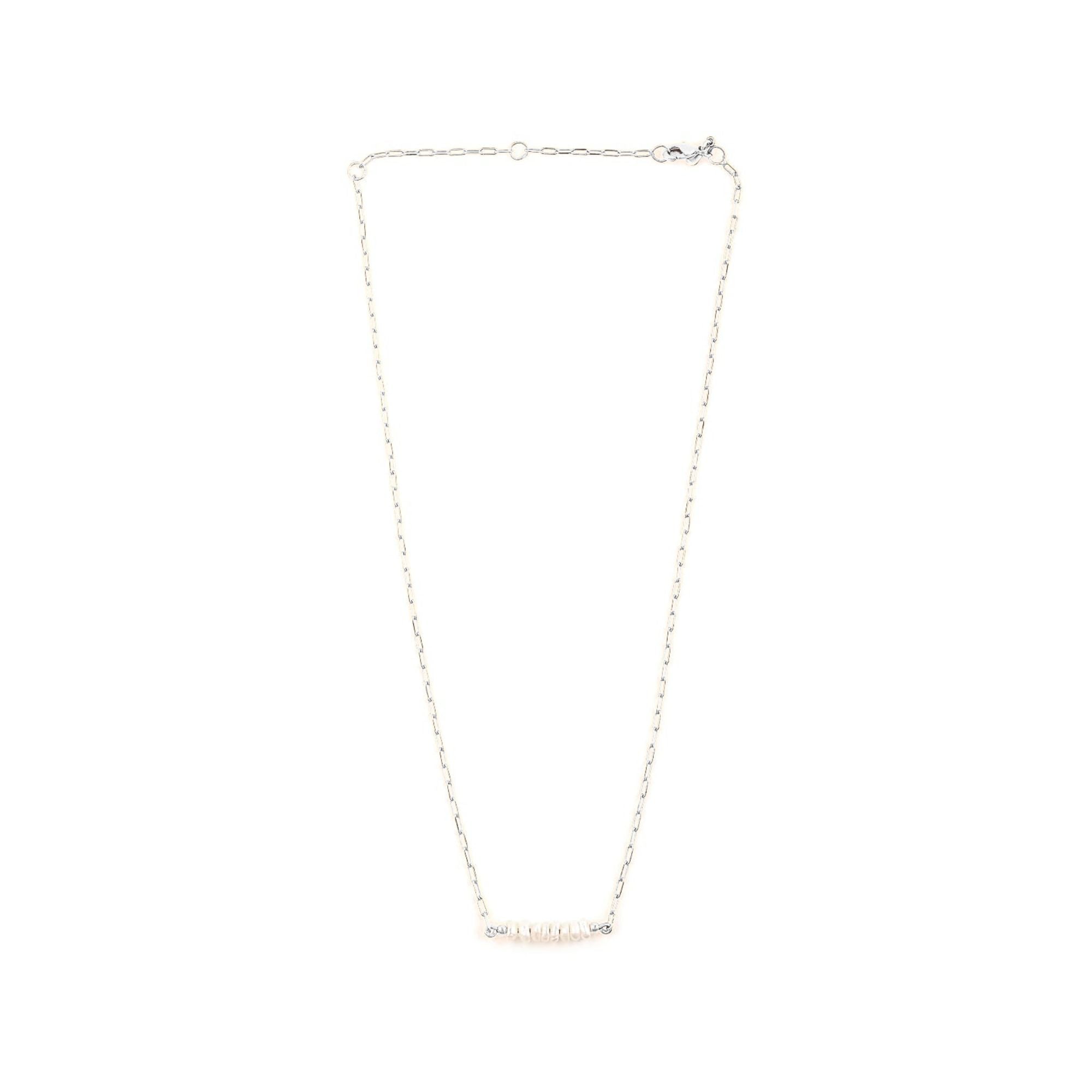 PEARLS GALORE Silver Pearl Necklace; linear bar pendant featuring white seed pearls on a delicate recycled silver chain, handcrafted by Protsaah Zurich.