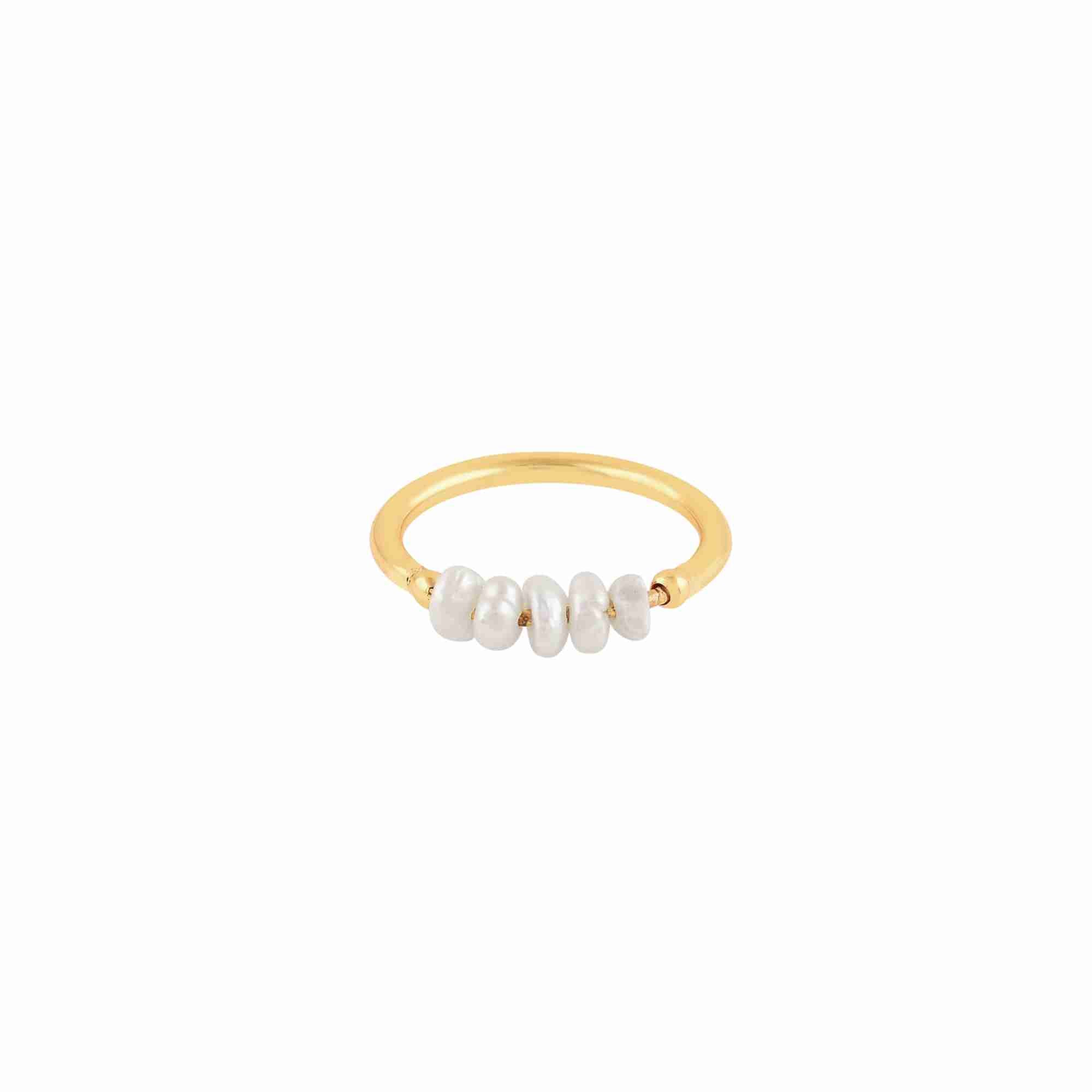 PEARLS GALORE Gold Pearl Ring; horizontal bar featuring white seed pearls on a delicate gold vermeil band, handcrafted by Protsaah Zurich.