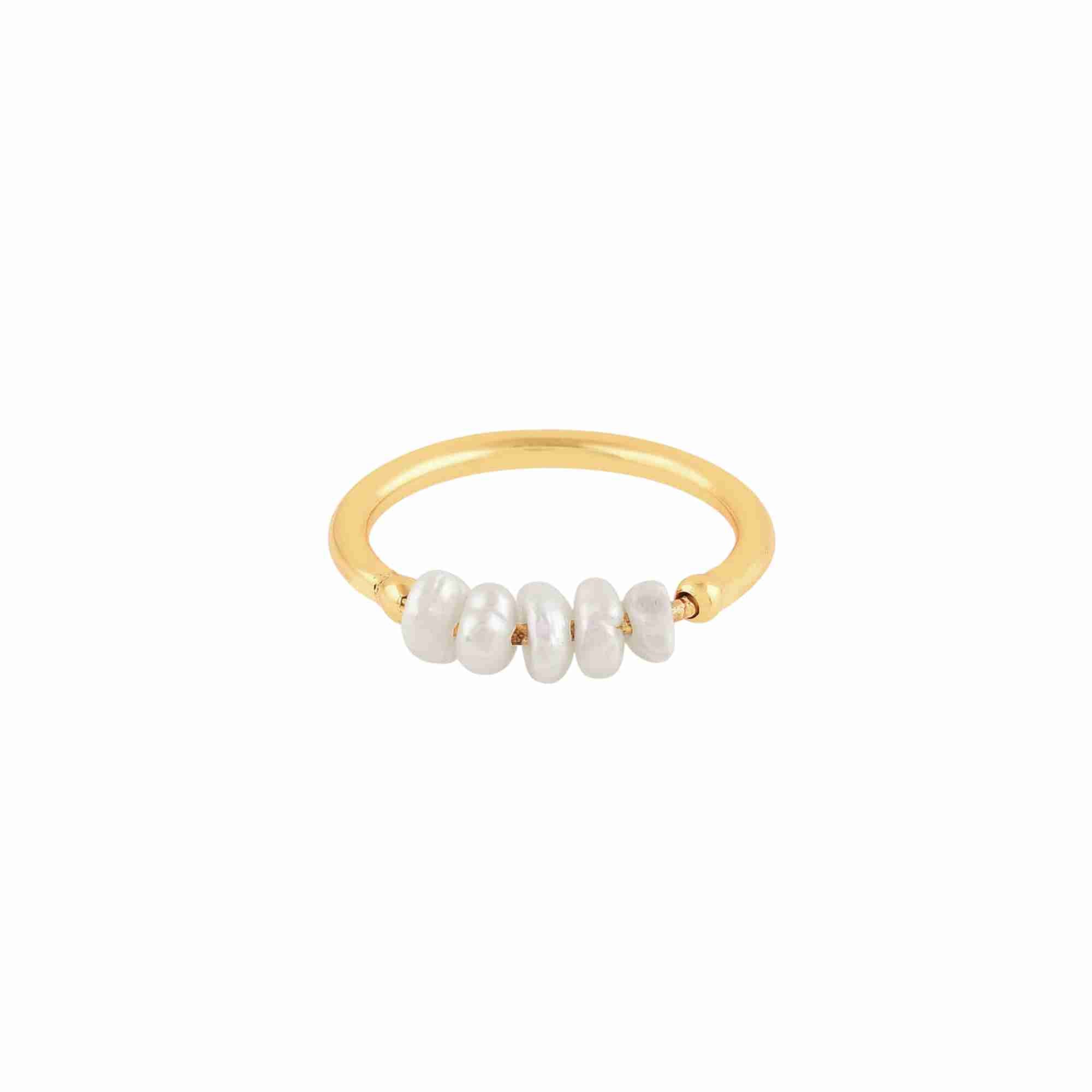 PEARLS GALORE Gold Pearl Ring; horizontal bar featuring white seed pearls on a delicate gold plated 925 Silver band, handcrafted by Protsaah Zurich.