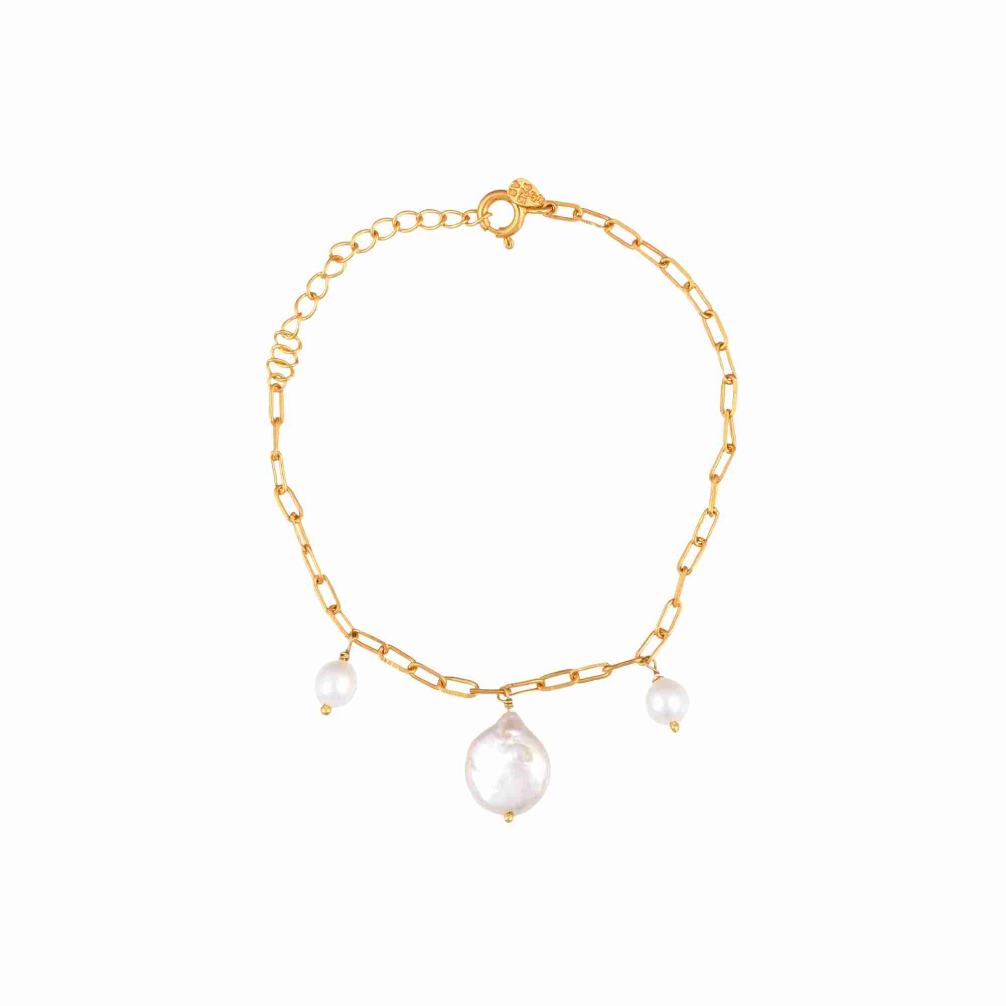 PEARLS GALORE Gold Pearl Bracelet; a delicate gold chain bracelet featuring three white baroque pearls, handcrafted in 22K gold plated 925 Silver by Protsaah Zurich.