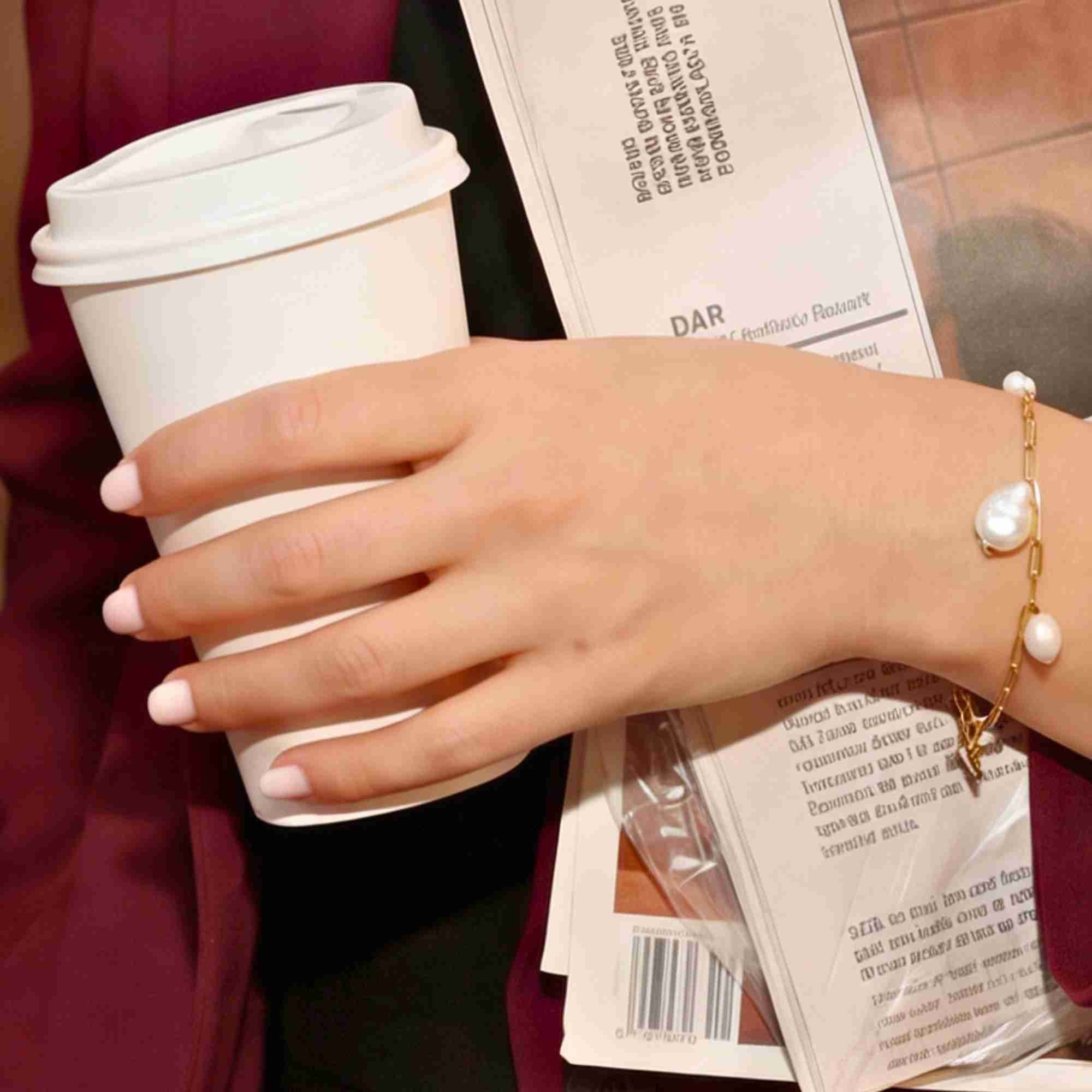 Lifestyle shot of a model holding a white takeaway coffee cup and newspaper, featuring the gold linked baroque pearl chain bracelet.