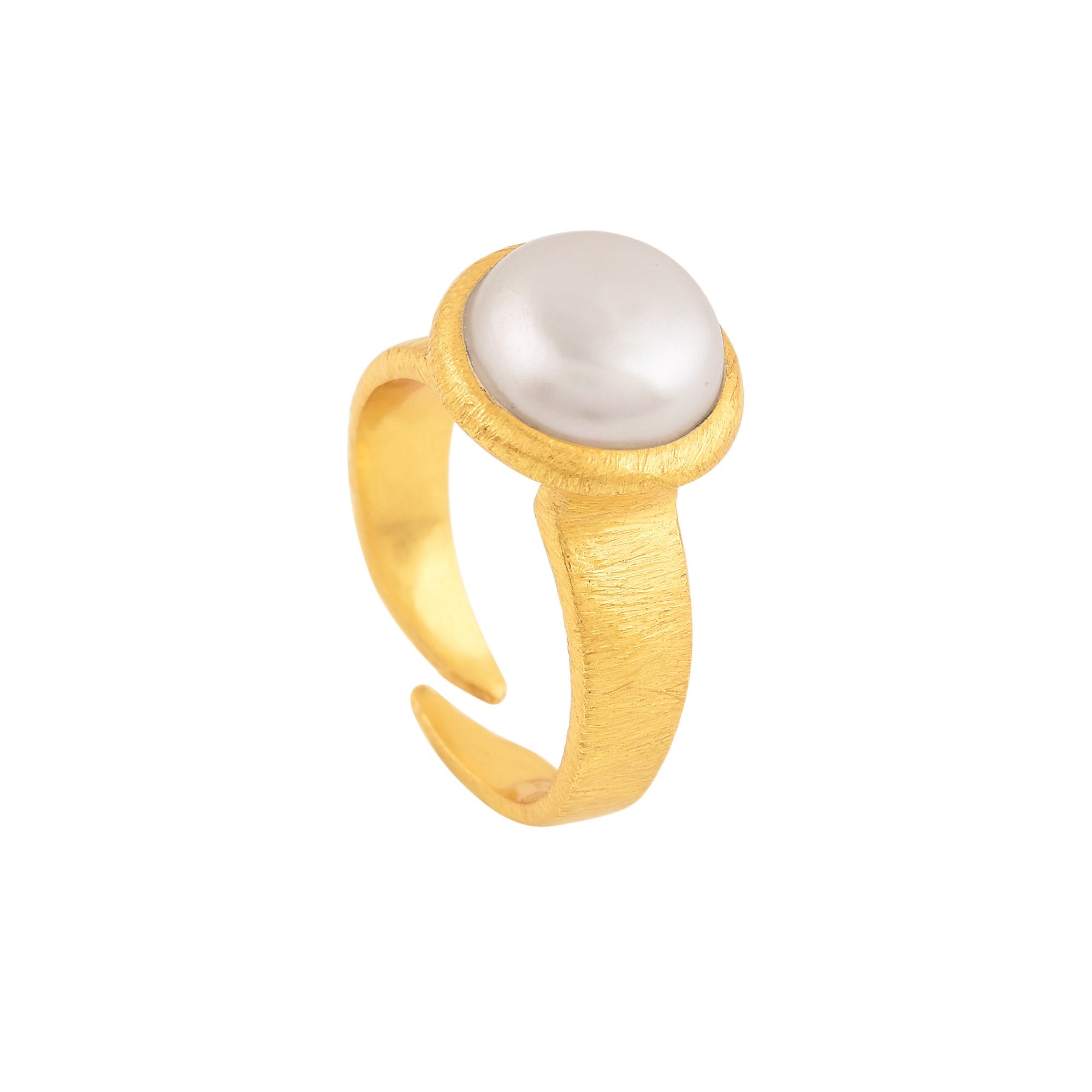 PEARLS GALORE Gold Adjustable Ring; large white cushion pearl set in a textured molten gold vermeil band, handcrafted by Protsaah Zurich.