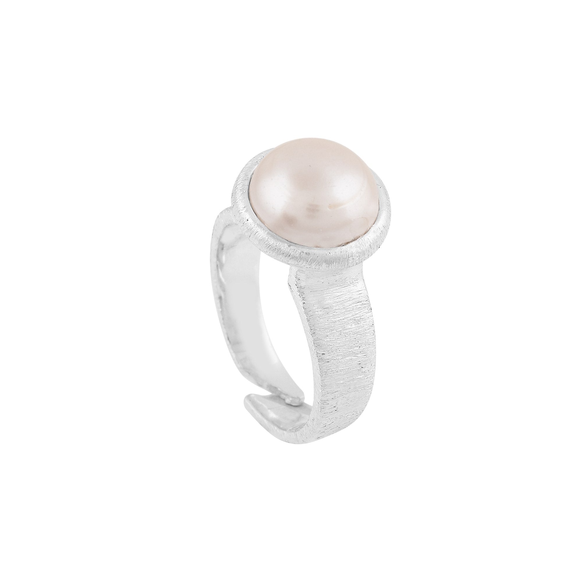 PEARLS GALORE Silver Adjustable Ring; large white cushion pearl set in a textured molten recycled silver band, handcrafted by Protsaah Zurich.