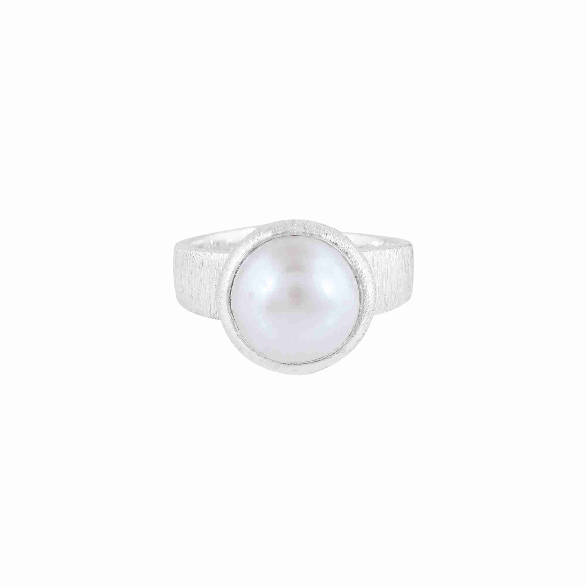 Product picture named showing a top-down frontal view of the PEARLS GALORE Molten Cushion Pearl Adjustable Ring Silver against a plain white background, highlighting the round white cushion pearl enclosed in a hand-brushed matte sterling silver bezel setting by Protsaah Zurich.