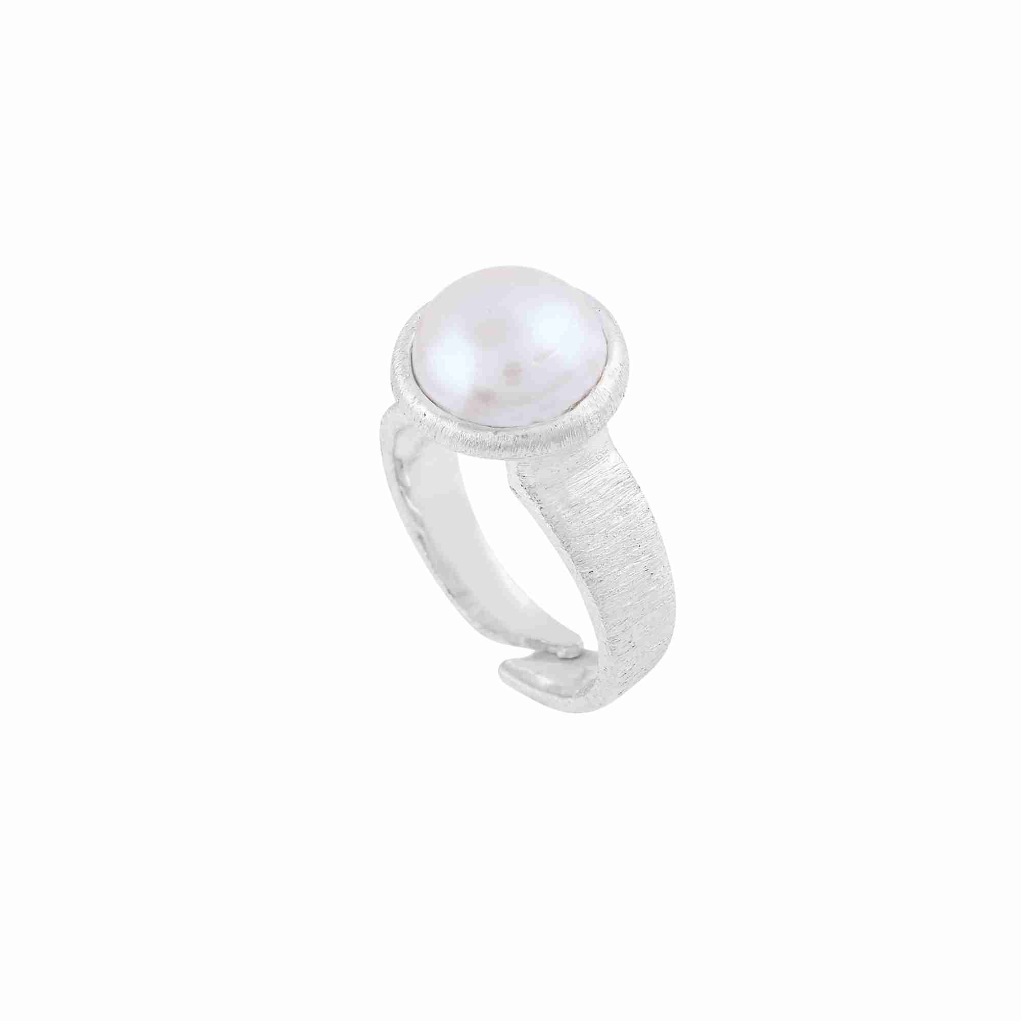 Product picture named displaying a three-quarter side angle of the PEARLS GALORE Molten Cushion Pearl Adjustable Ring Silver against a solid white backdrop, showcasing the textured finish of the wide silver band and its open, adjustable back design by Protsaah Zurich.