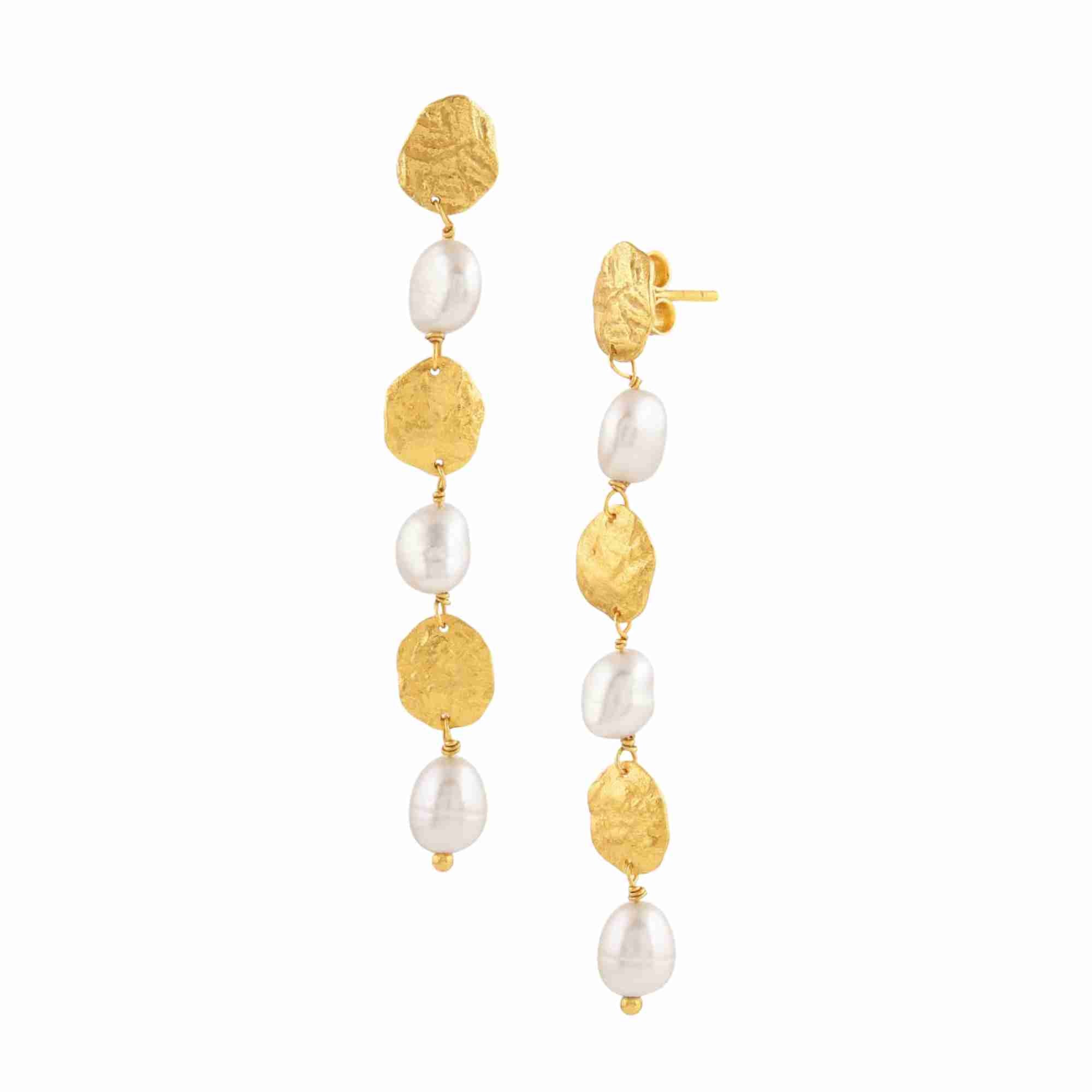 PEARLS GALORE Gold Cascade Earrings; long tiered drop earrings with hammered gold discs and white pearls, handcrafted in 22K gold plated 925 Silver.