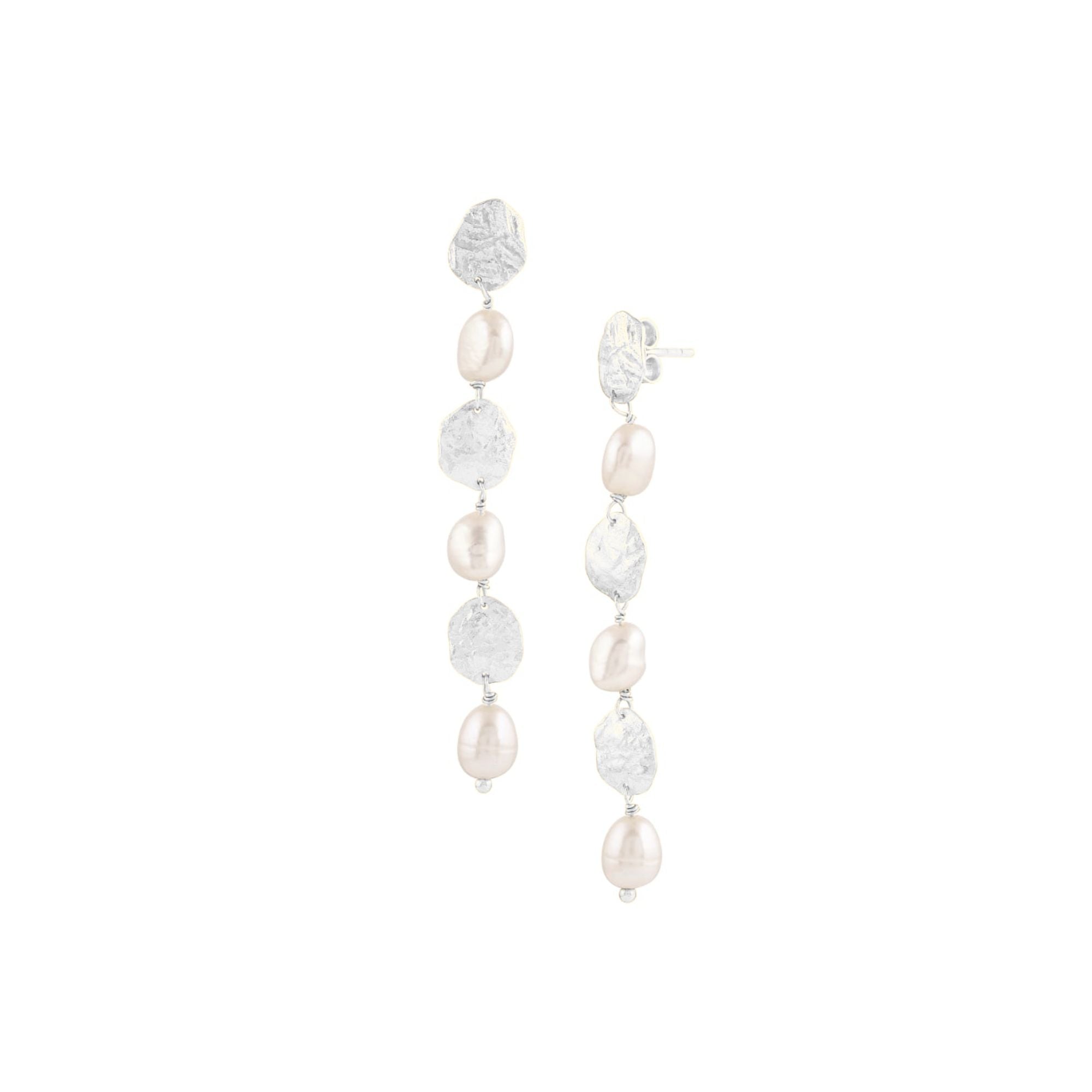 PEARLS GALORE Molten Silver & Pearl Cascade Statement Earrings; long tiered drop earrings featuring hammered 92.5 recycled silver discs and white pearls, handcrafted by Protsaah Zurich.