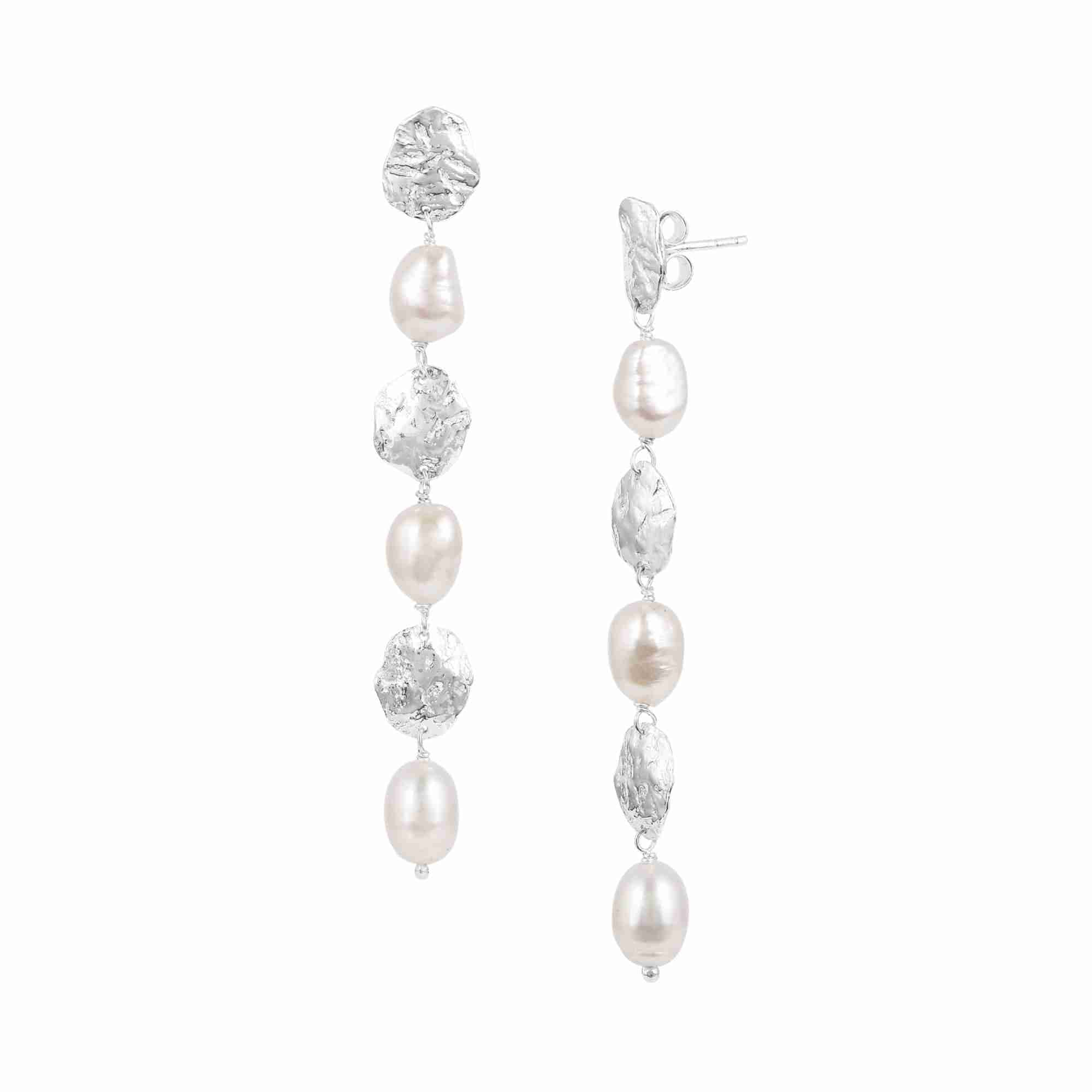 PEARLS GALORE Molten Silver & Pearl Cascade Statement Earrings; long tiered drop earrings featuring hammered 92.5 recycled silver discs and white pearls, handcrafted by Protsaah Zurich.