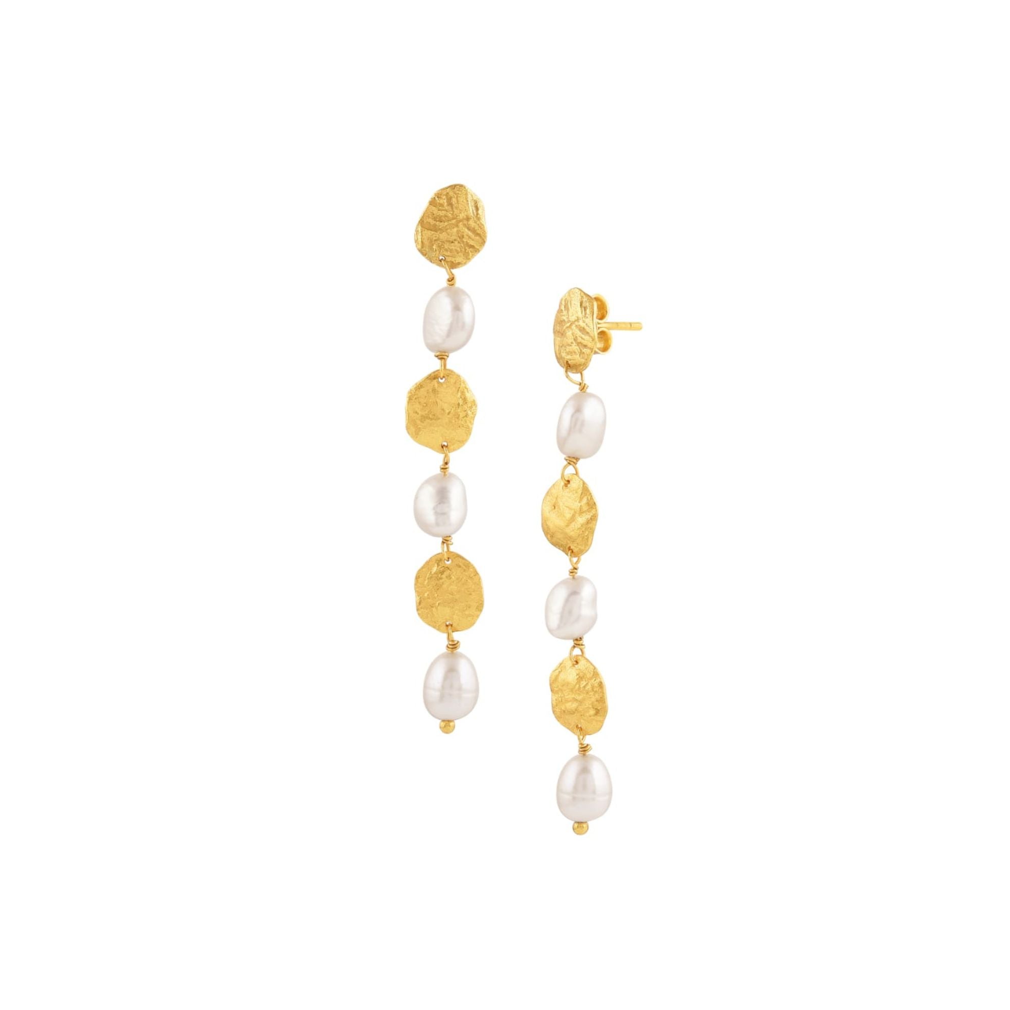 PEARLS GALORE Gold Cascade Earrings; long tiered drop earrings with hammered gold discs and white pearls, handcrafted in 22K gold vermeil.