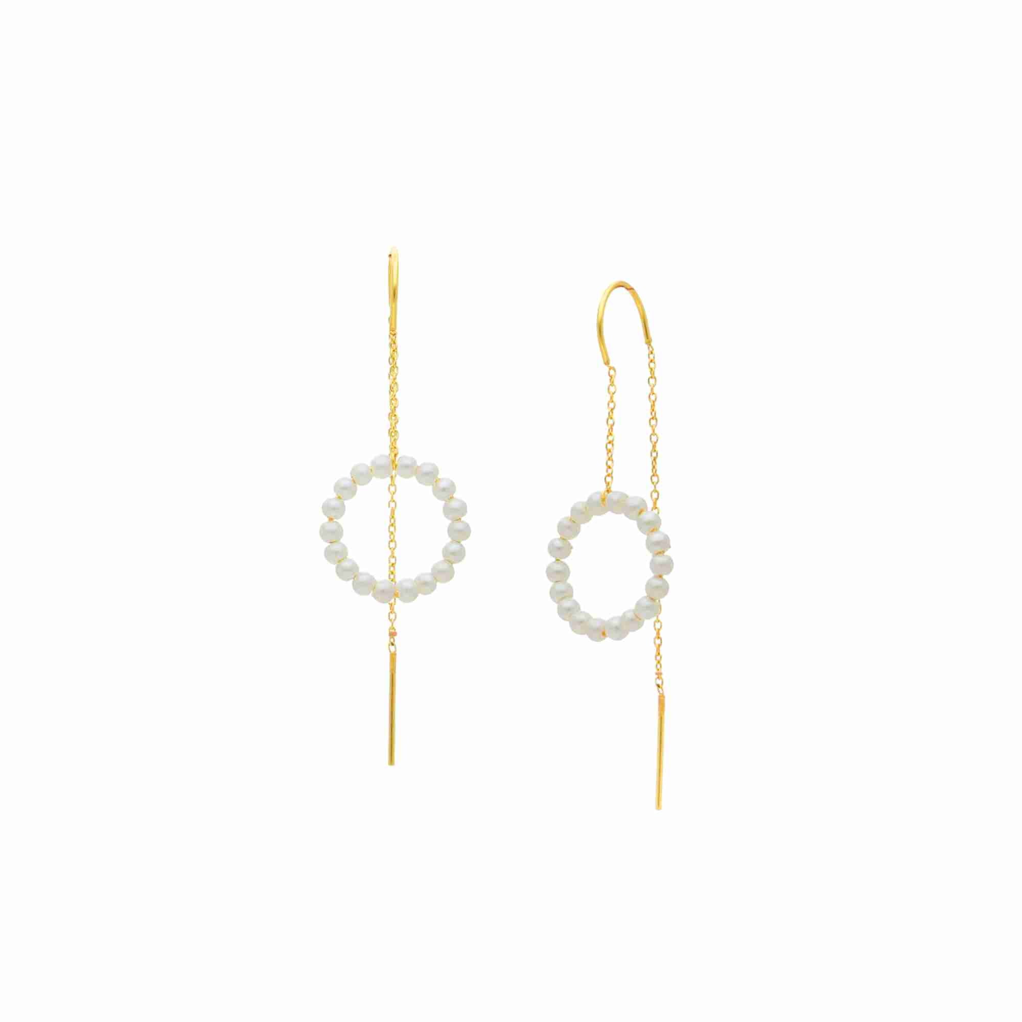 PEARLS GALORE Gold Threader Earrings; seed pearl halo circle on 22K gold plated 925 Silver chain with bar drop, handcrafted by Protsaah Zurich.