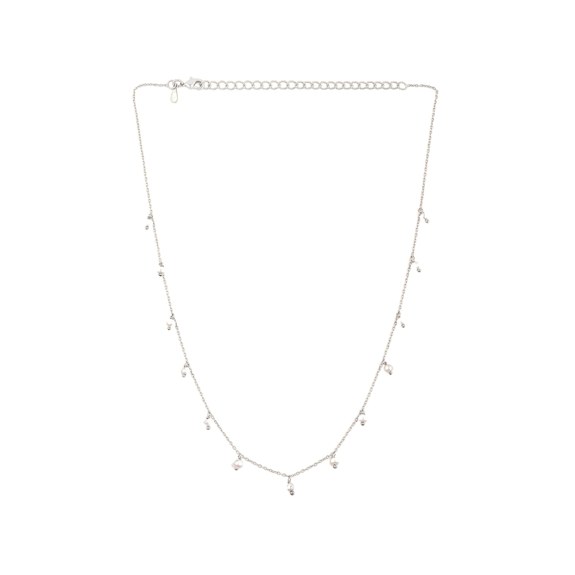 PEARLS GALORE Silver Pearl Choker; multiple white seed pearl droplets scattered on a recycled silver chain, handcrafted by Protsaah Zurich.