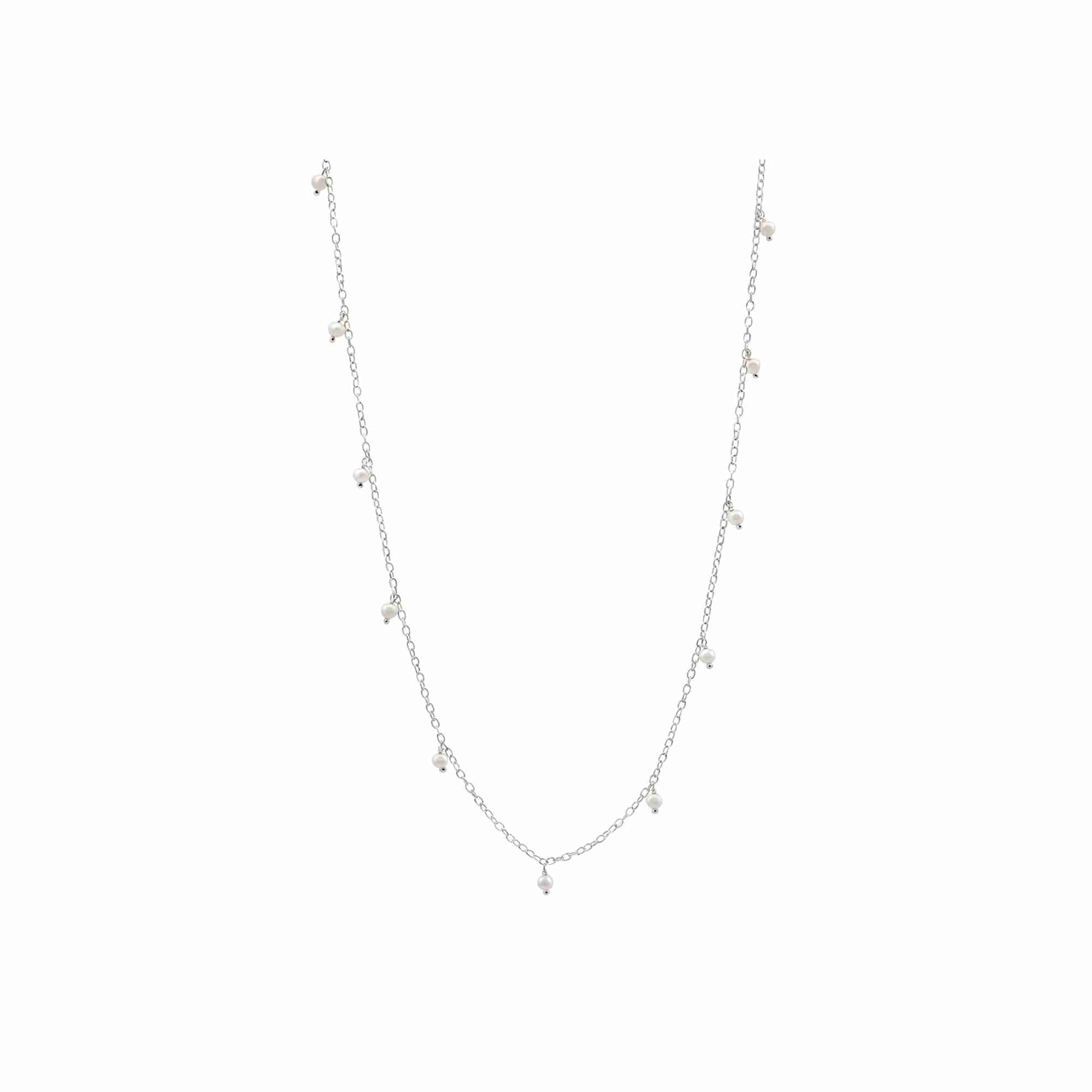 PEARLS GALORE Silver Pearl Choker; multiple white seed pearl droplets scattered on a recycled silver chain, handcrafted by Protsaah Zurich.