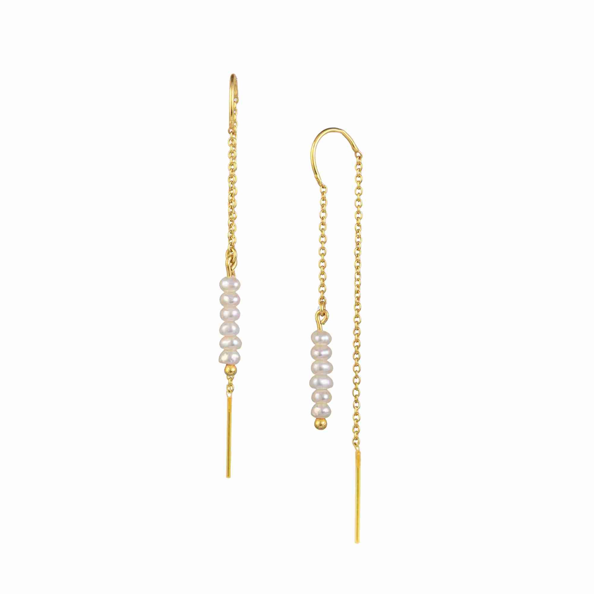 Product picture named showcasing the PEARLS GALORE Stacked Seed Pearl Chain Threader Earrings Gold against a solid white background, highlighting the delicate gold link chains adorned with vertically stacked white freshwater seed pearls and sleek post bars by Protsaah Zurich.