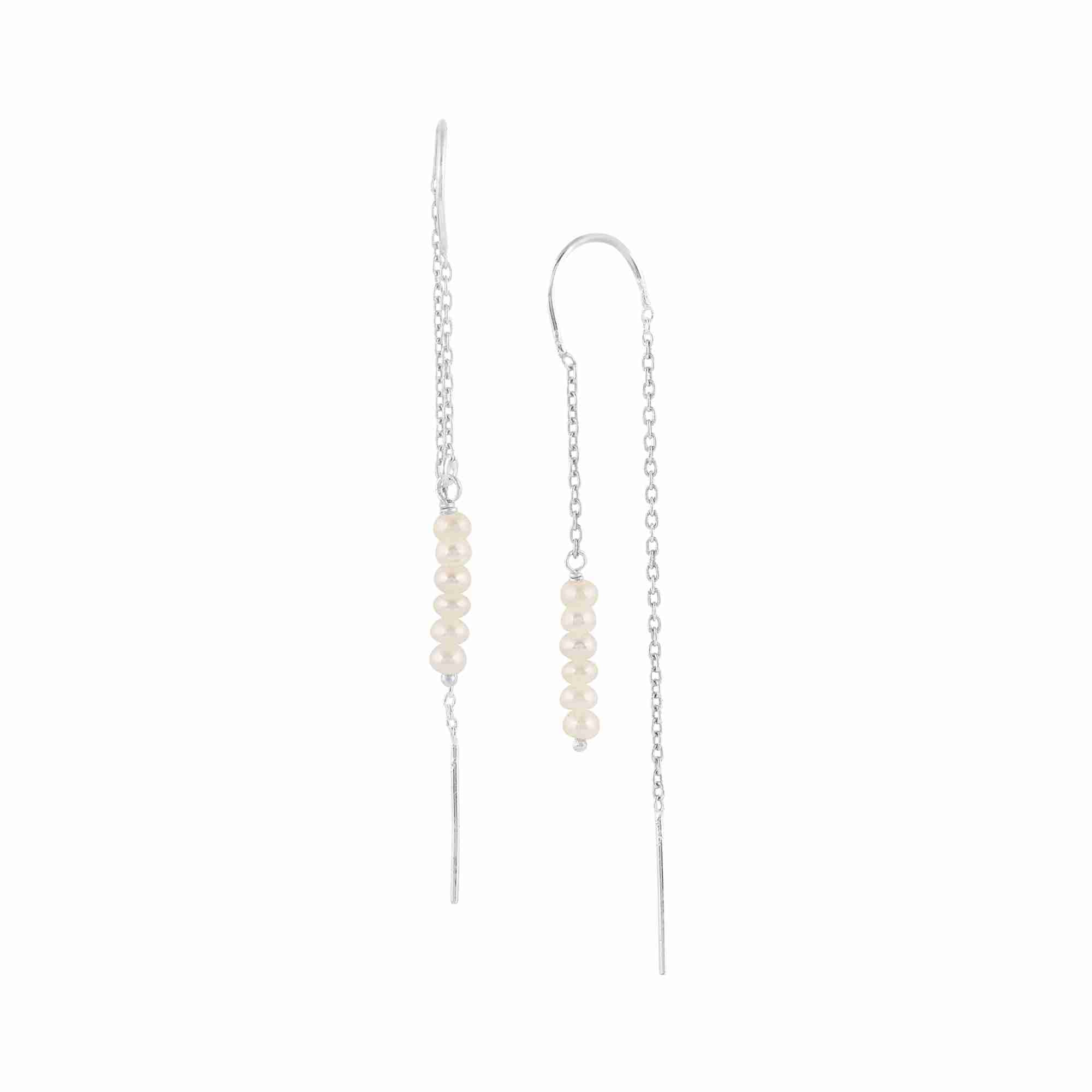PEARLS GALORE Silver Threader Earrings; five stacked white seed pearls on a long recycled silver chain threader, handcrafted by Protsaah Zurich.