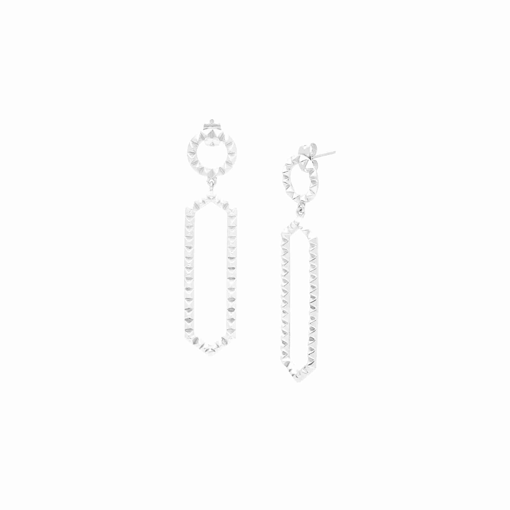 PINNACLE Silver Geometric Drop Earrings; long studded hexagon earrings in recycled silver, architectural statement jewelry handcrafted by Protsaah Zurich.