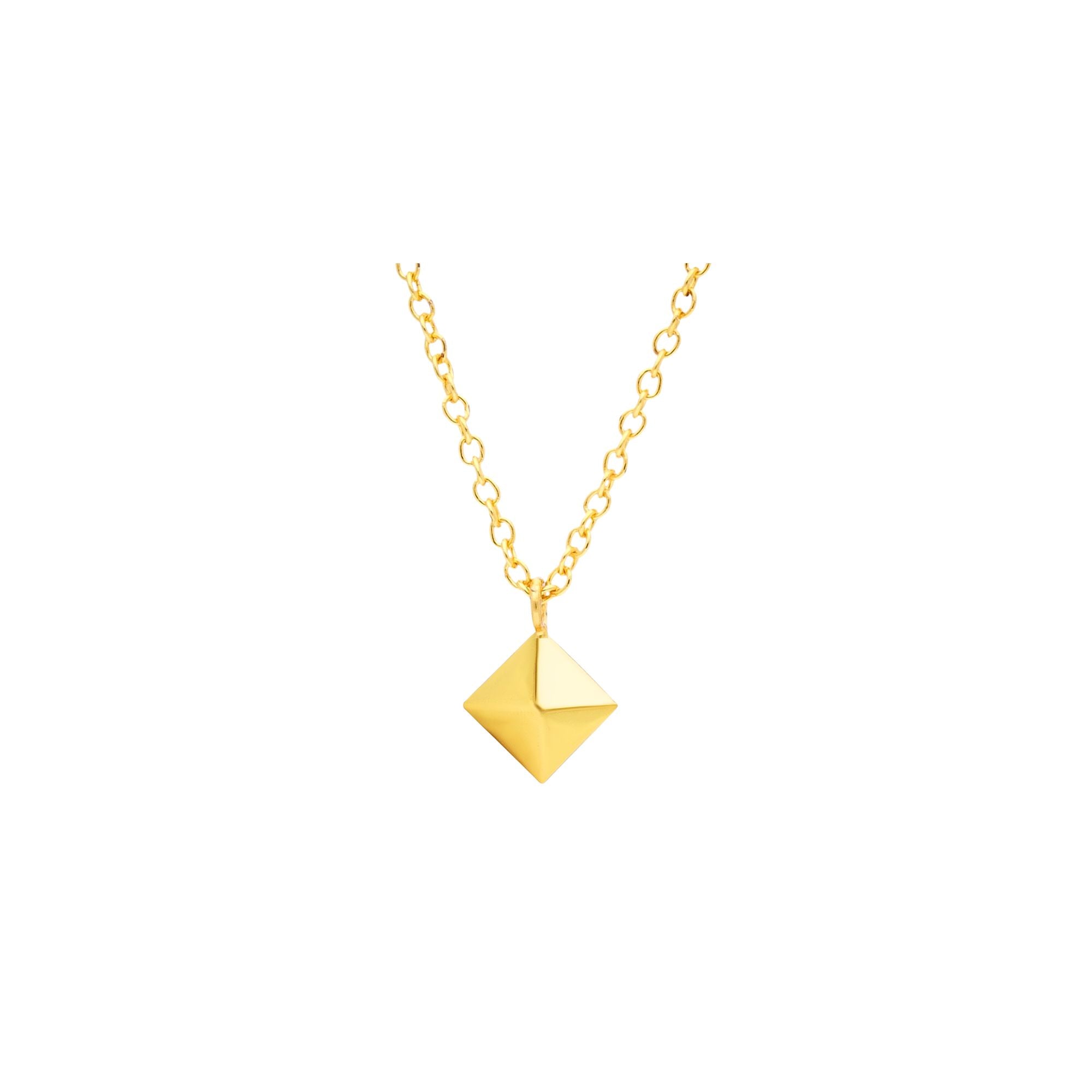 PINNACLE Gold Pyramid Necklace; architectural 3D pyramid pendant in 22K gold vermeil on a delicate chain, handcrafted by Protsaah Zurich.